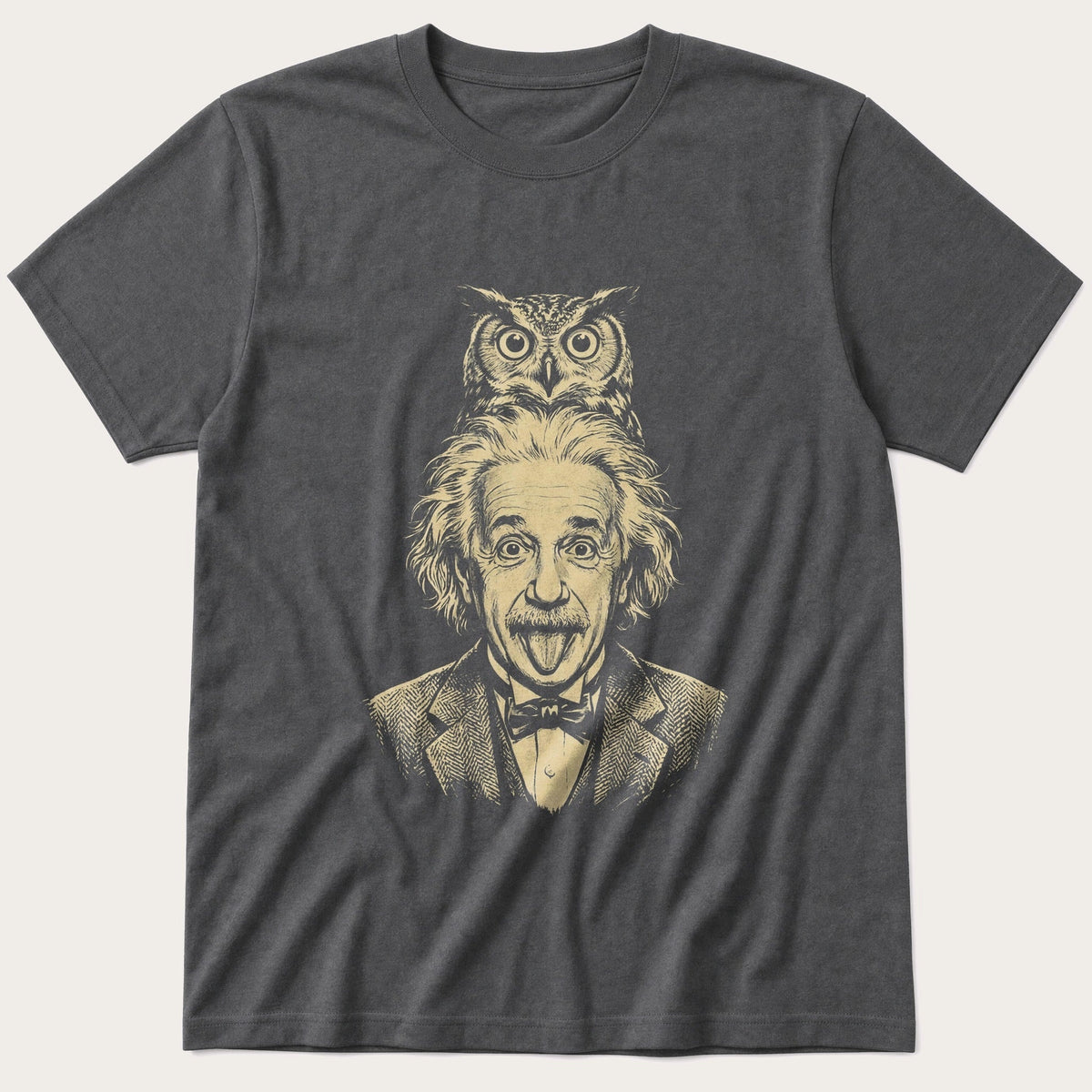 Albert Einstein Owl 5 — Charcoal T-Shirt