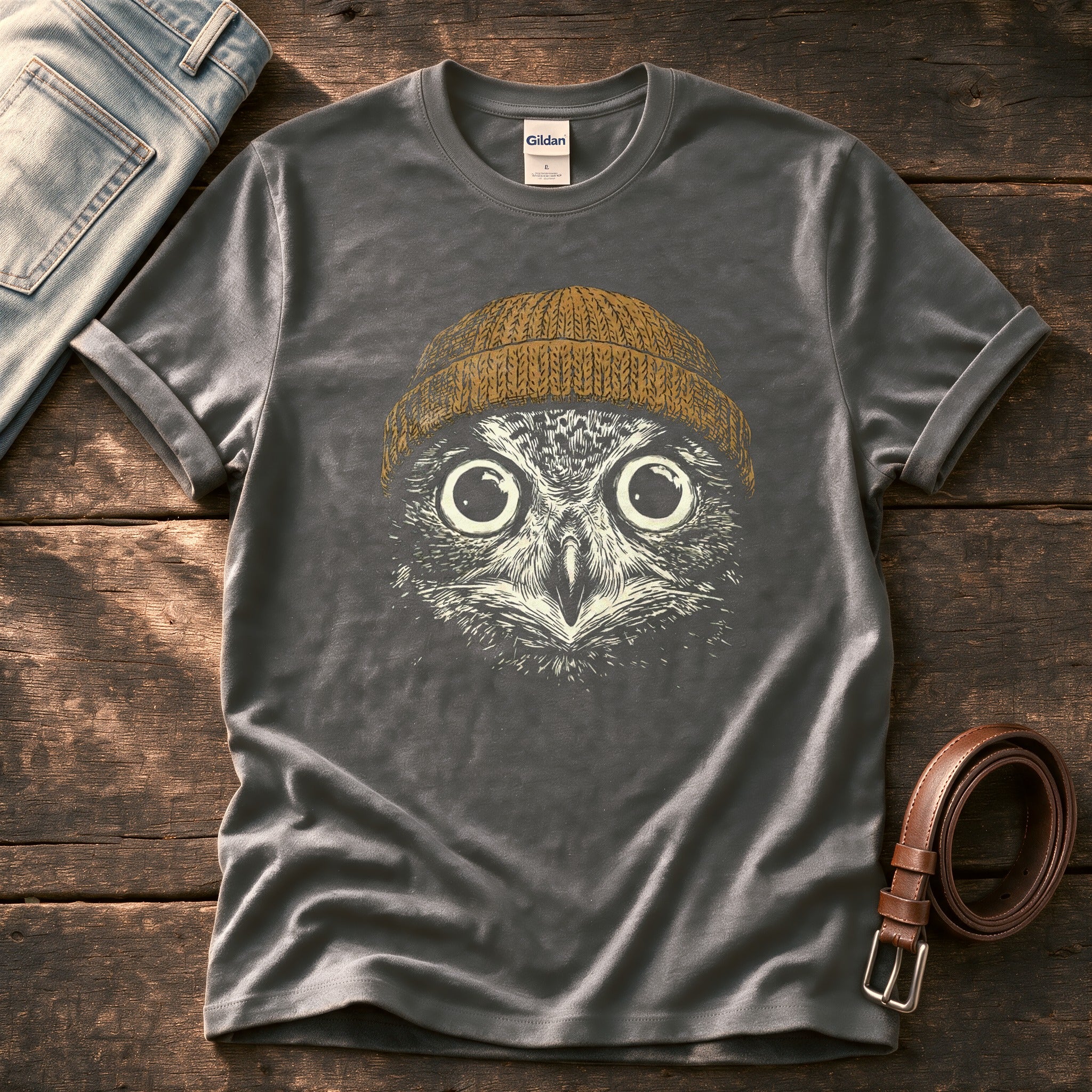 Beanie Owl 6 — Charcoal Comfort Colors tee