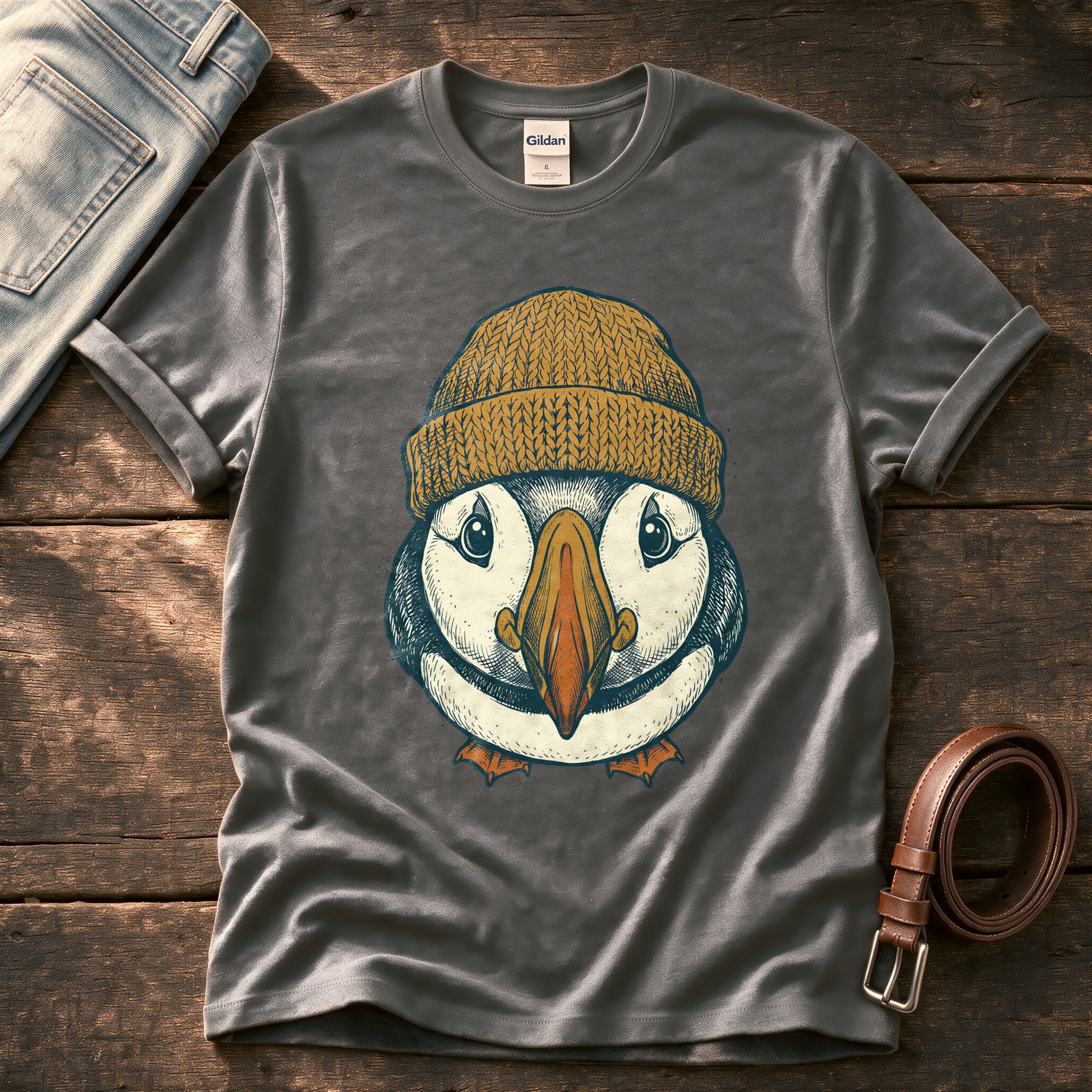 Beanie Puffin 6 — Charcoal Comfort Colors tee