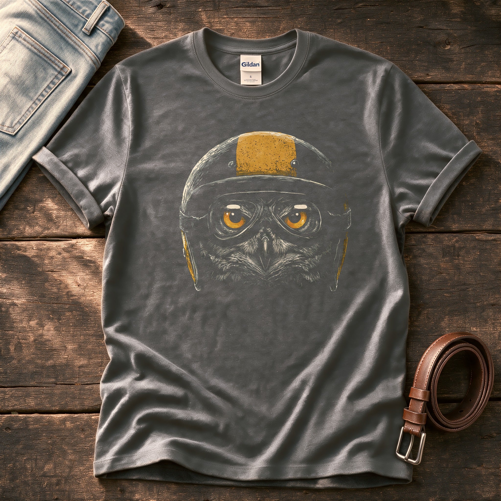 Biker Owl 6 — Charcoal Comfort Colors tee