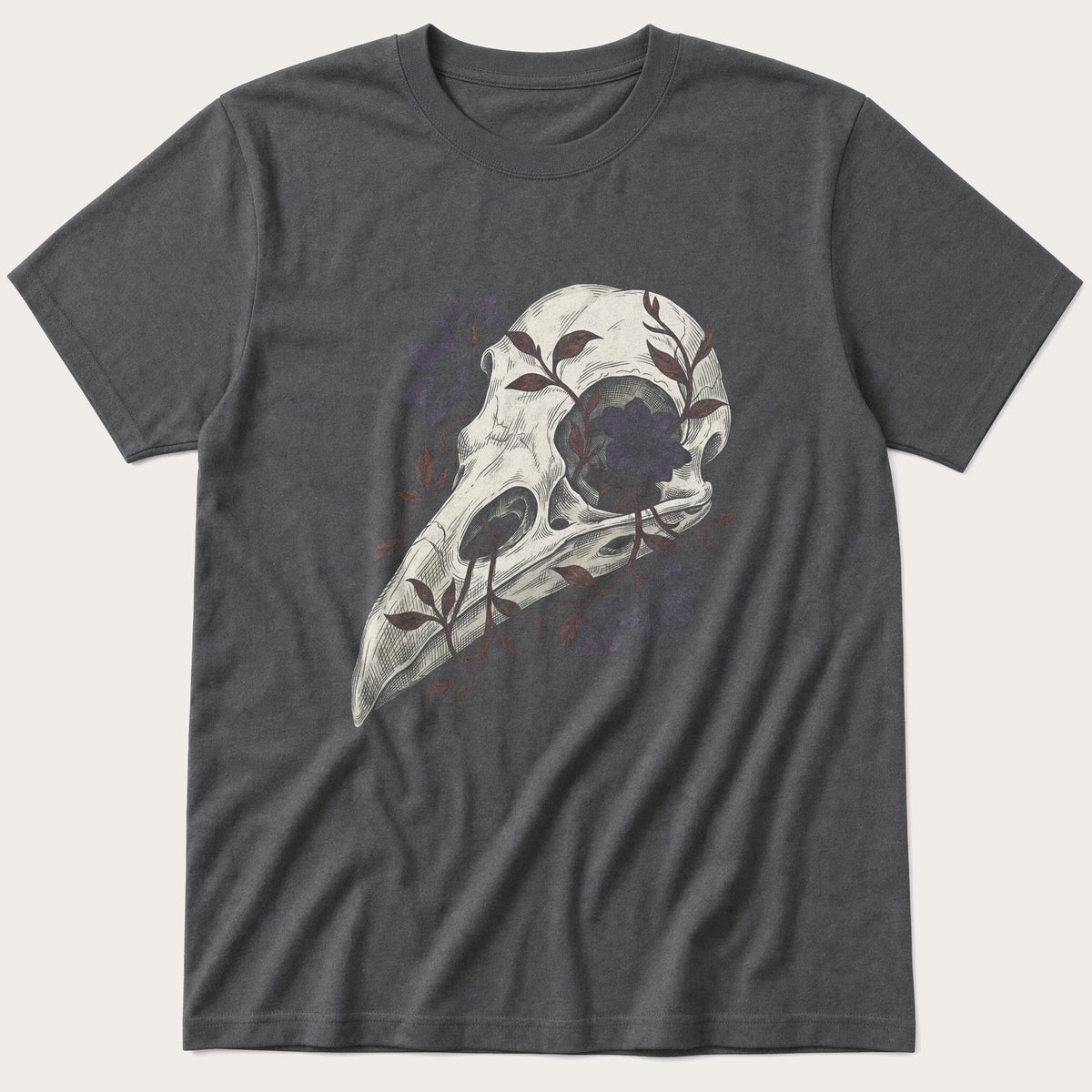 Bird Skull with Florals — Charcoal T-Shirt