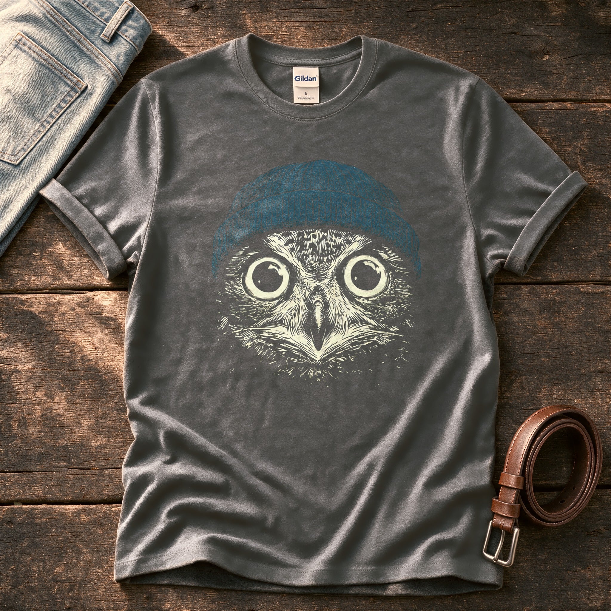 Blue Beanie Owl — Charcoal Comfort Colors tee