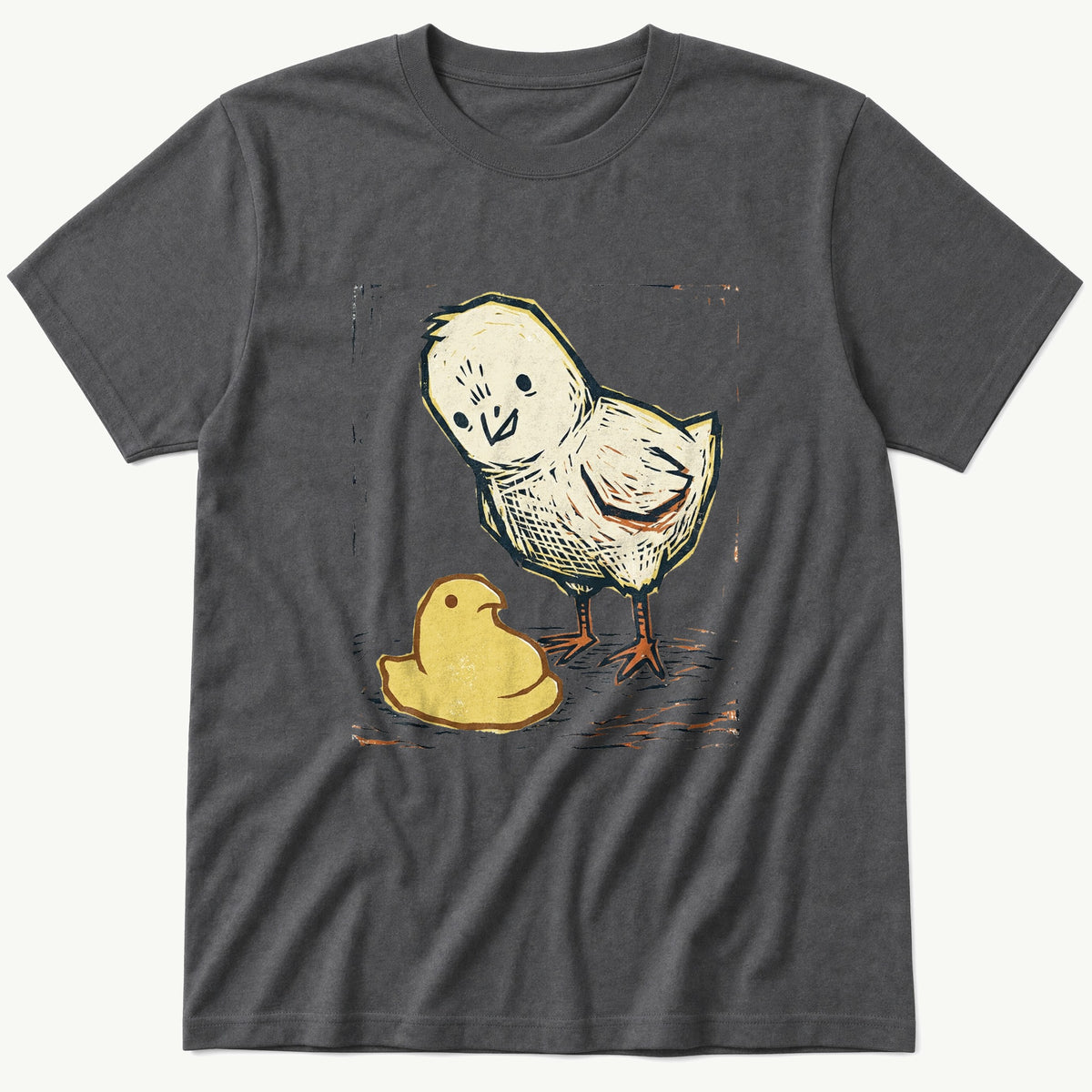Chick Peep Woodcut — Charcoal T-Shirt