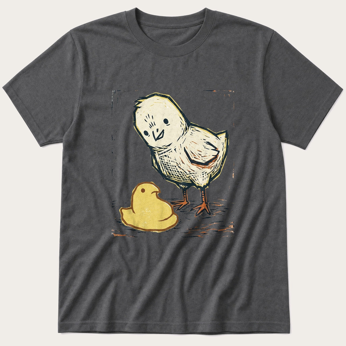 Chick Peep Woodcut — Charcoal T-Shirt