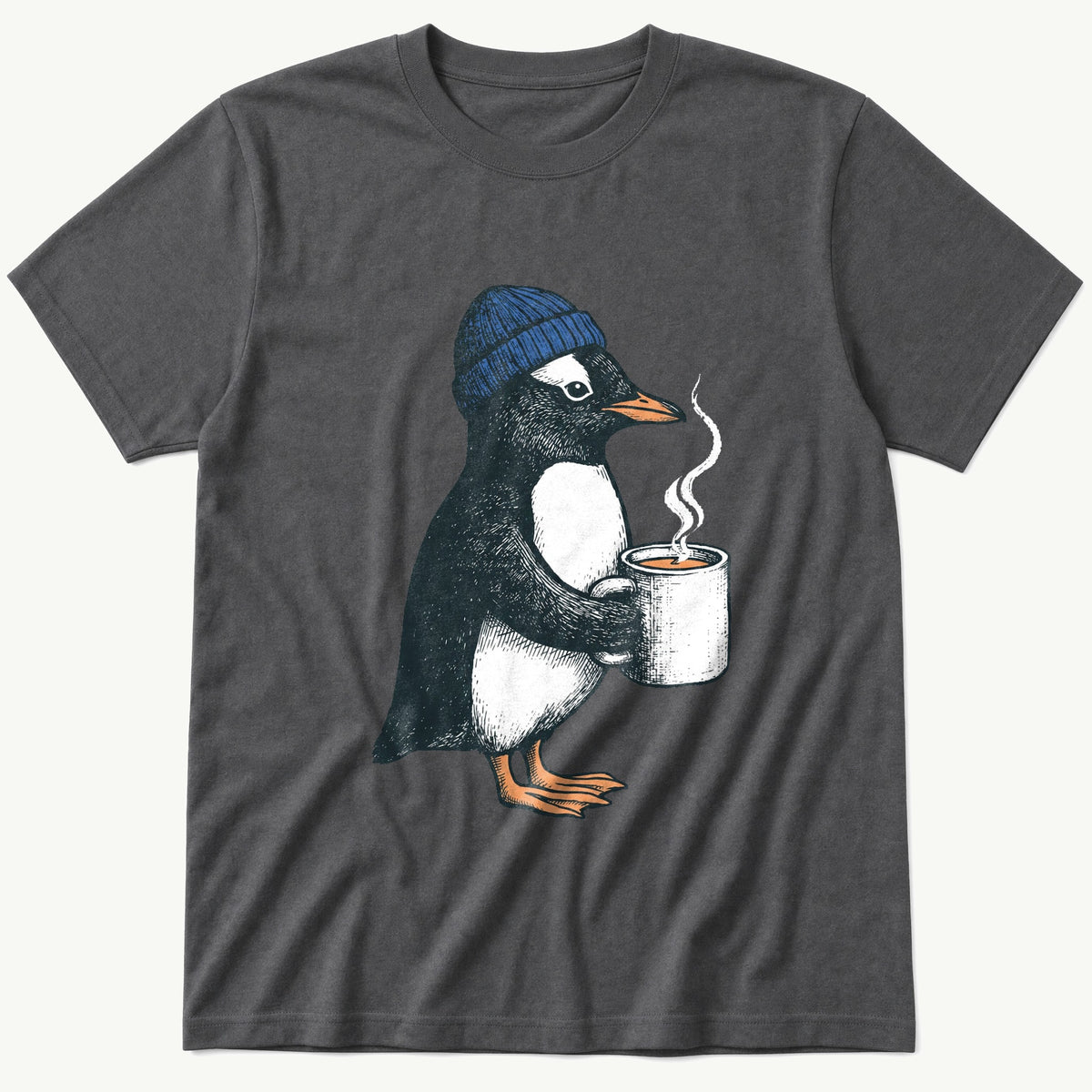 Coffee Penguin — Charcoal T-Shirt