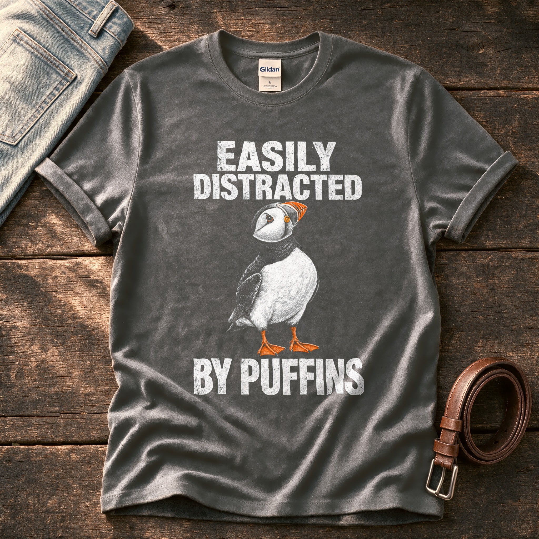 Distracted By Puffins — Charcoal Comfort Colors tee
