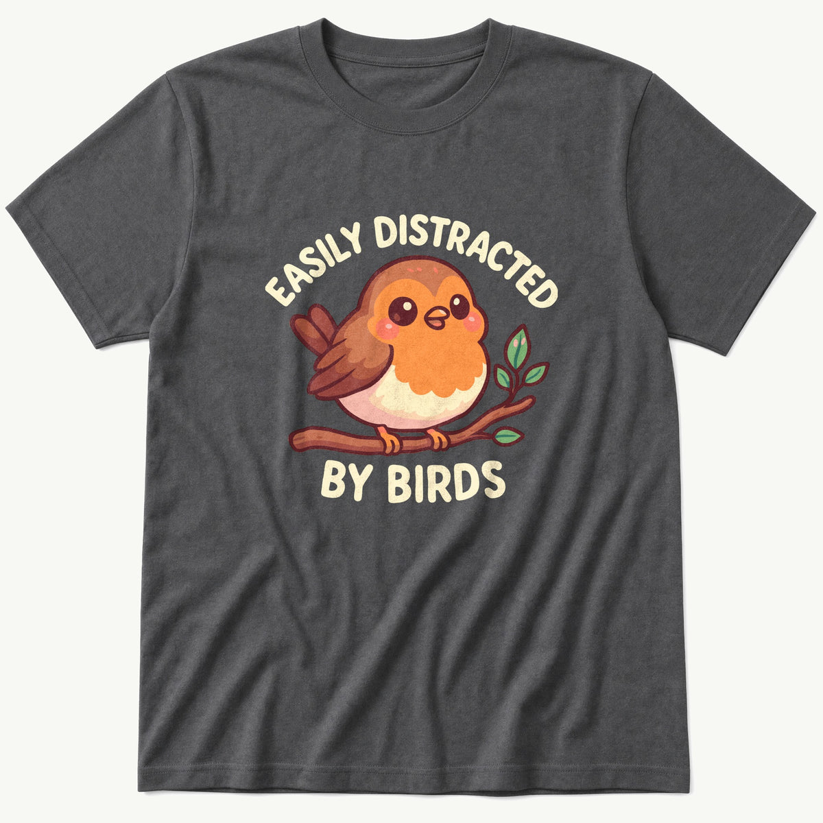 Easily Distracted Cute Robin — Charcoal T-Shirt