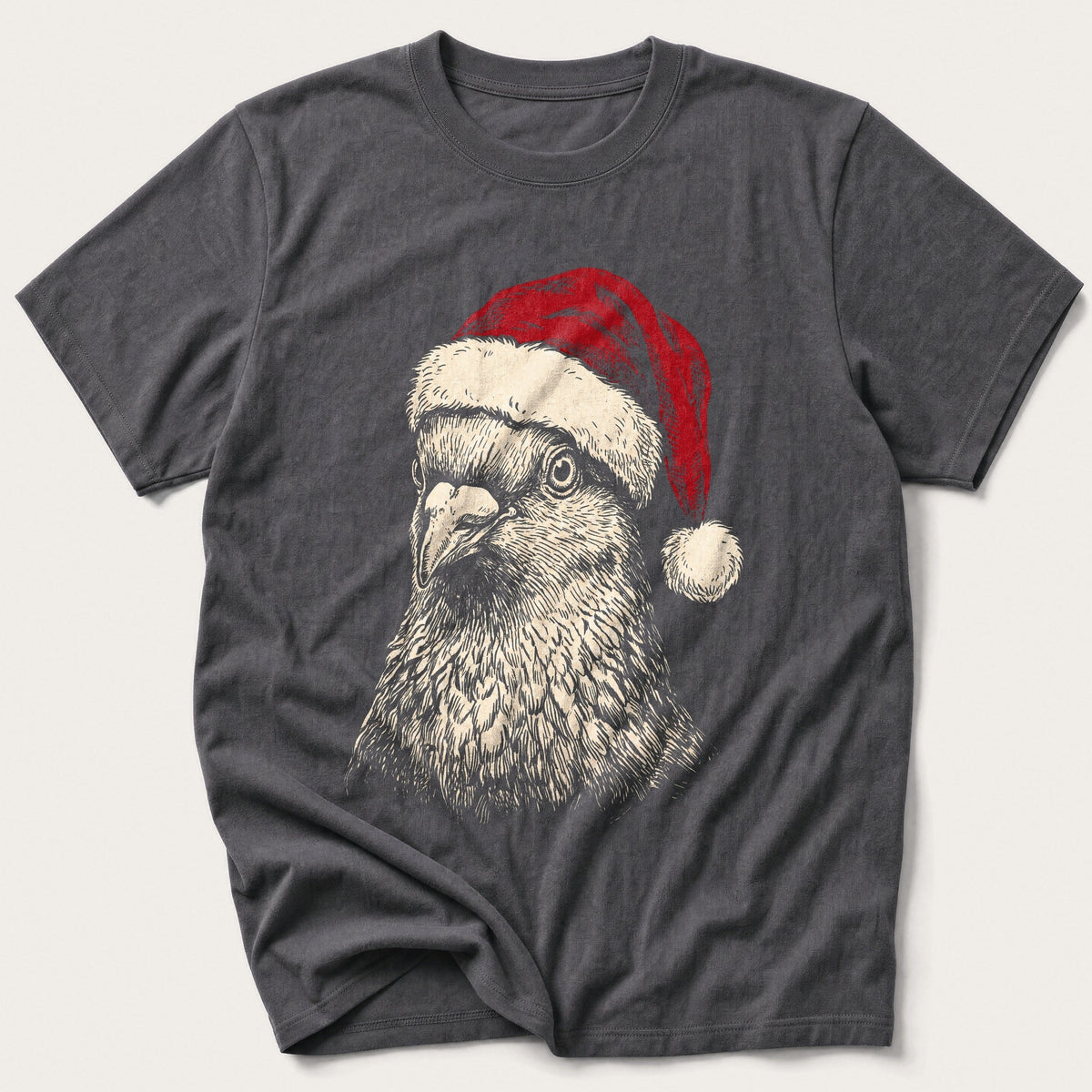Etched Santa Pigeon Portrait — Charcoal T-Shirt