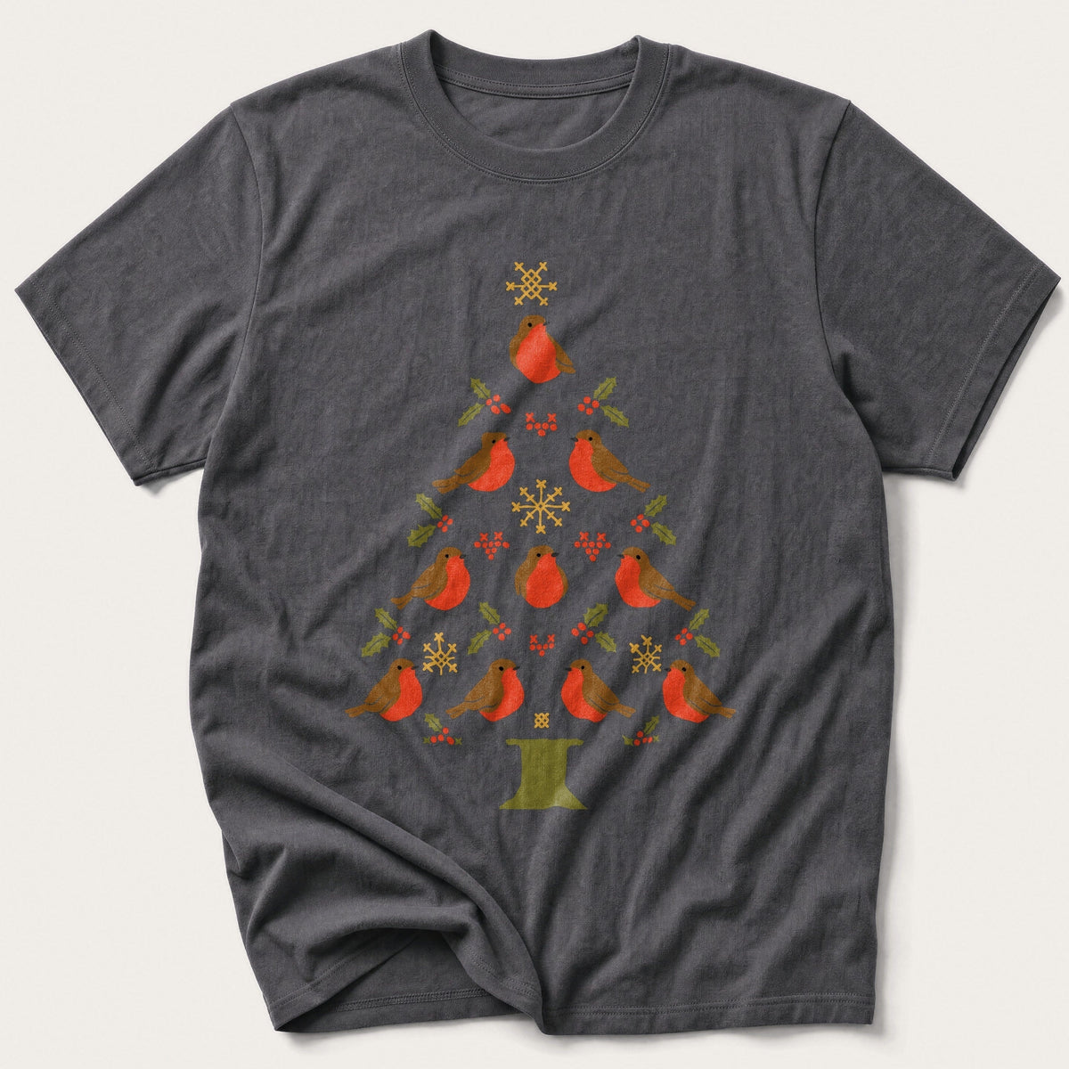 Folk Robin Christmas Tree — Charcoal T-Shirt