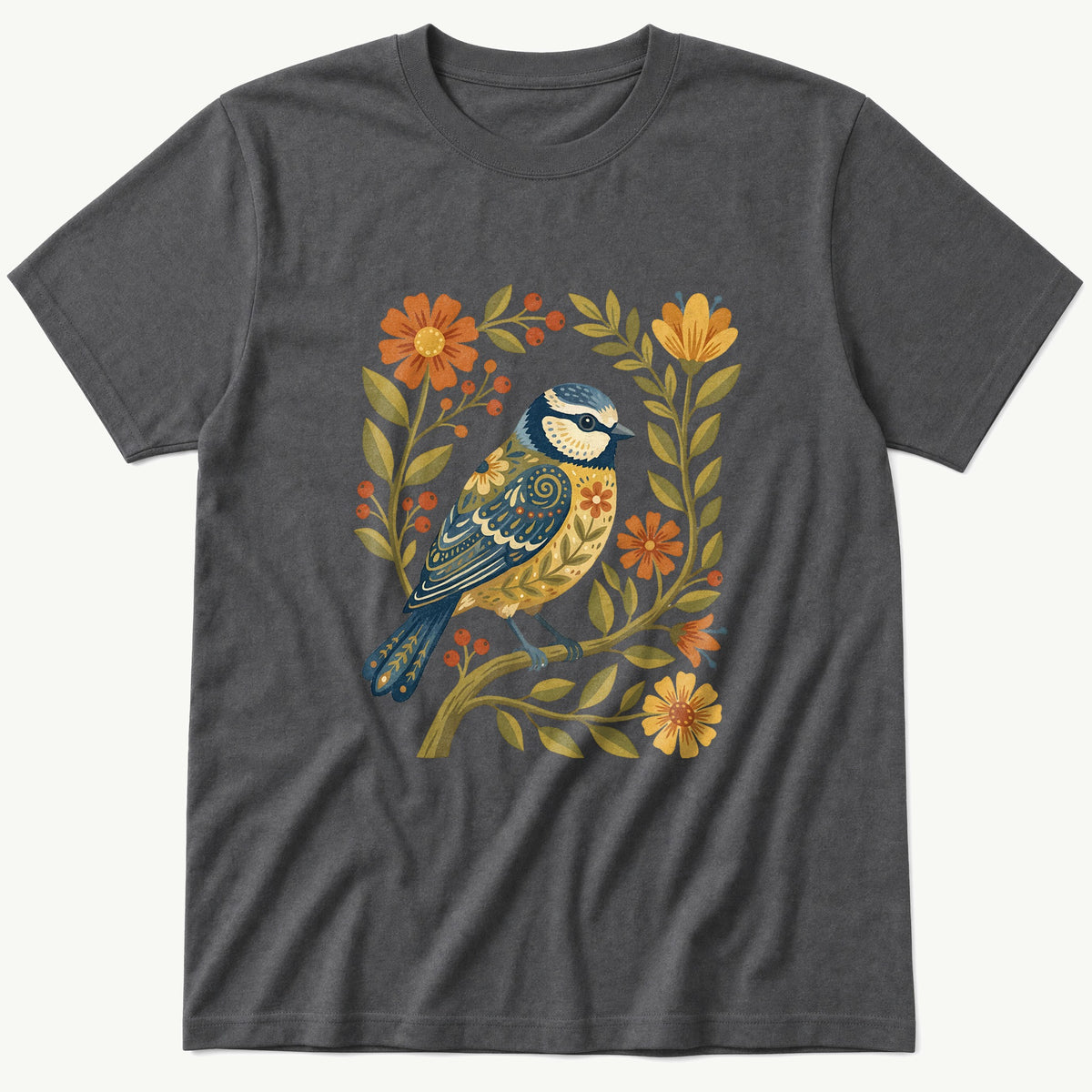 Folk Style BlueTit V2 — Charcoal T-Shirt