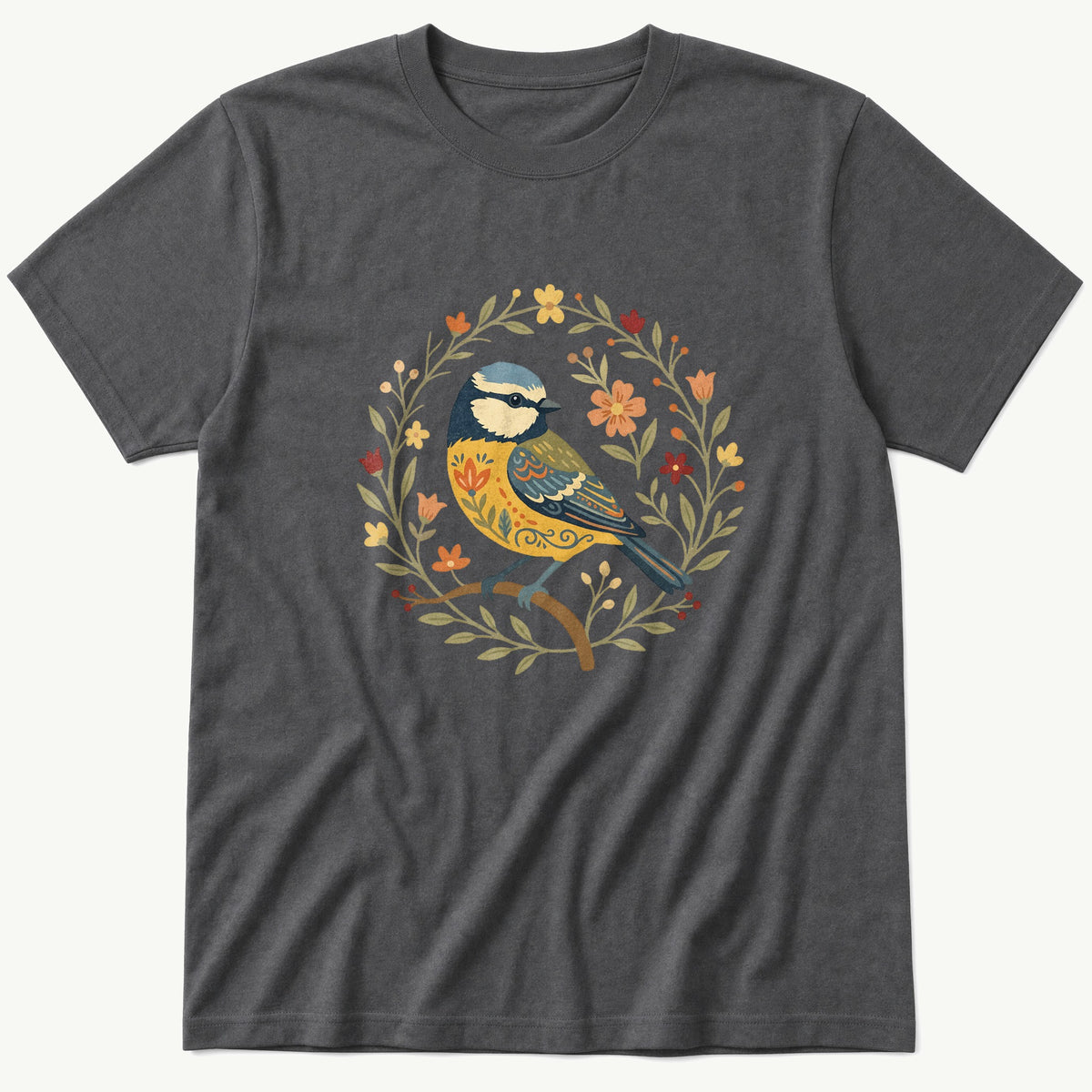 Folk Style BlueTit — Charcoal T-Shirt