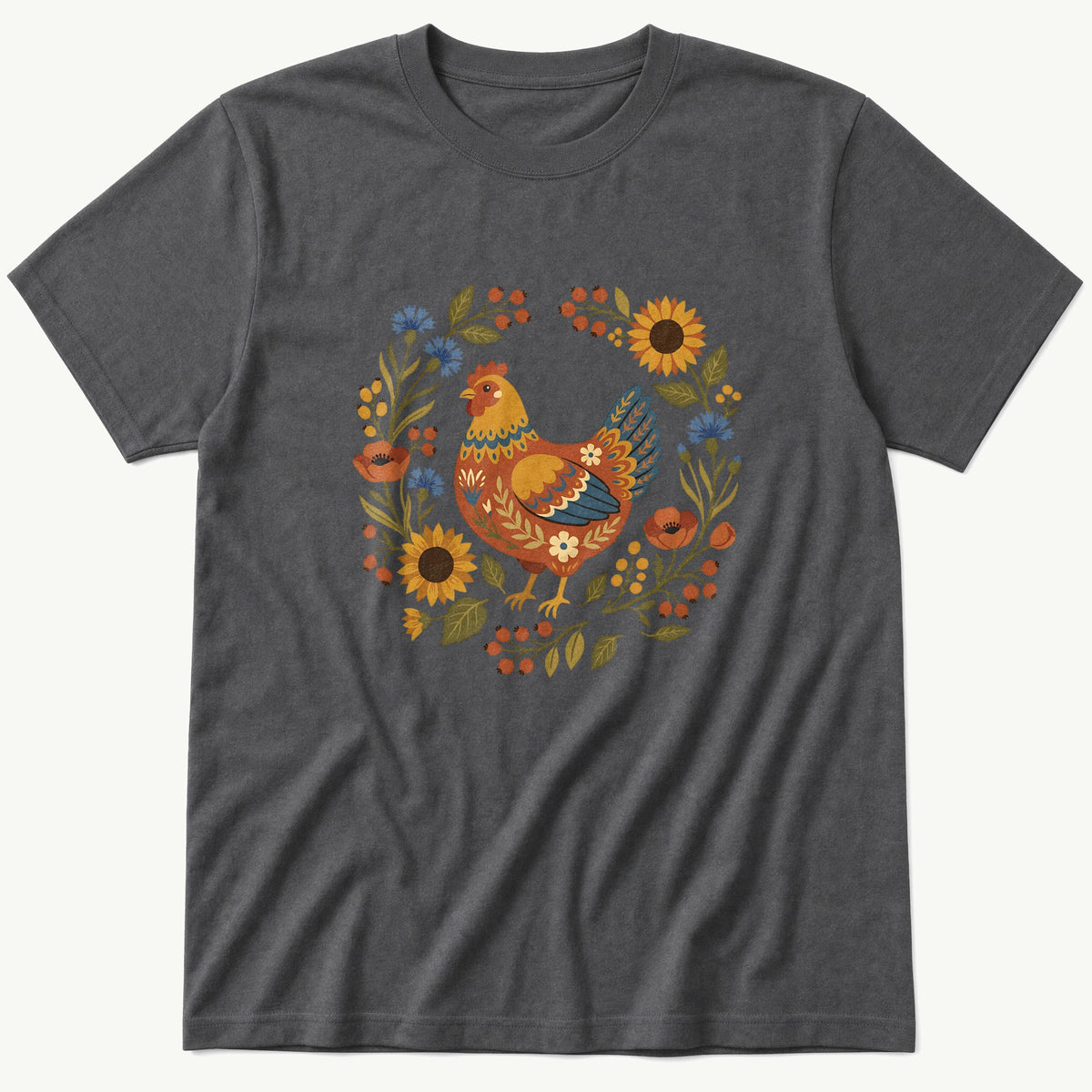 Folk Style Hen — Charcoal T-Shirt