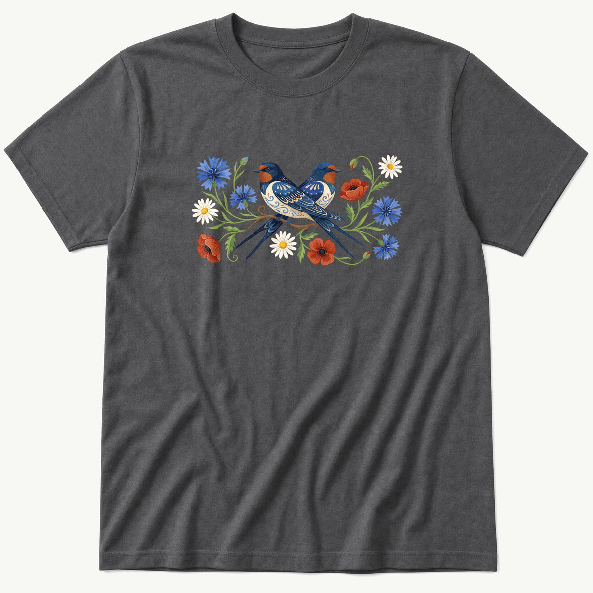Folk Style Pair Of Swallows — Charcoal T-Shirt