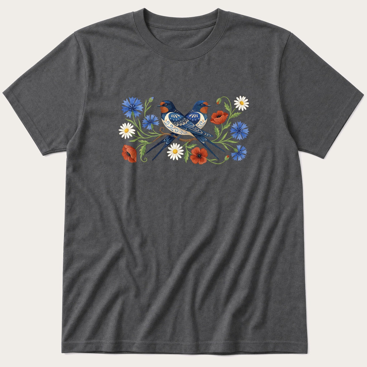 Folk Style Pair Of Swallows — Charcoal T-Shirt