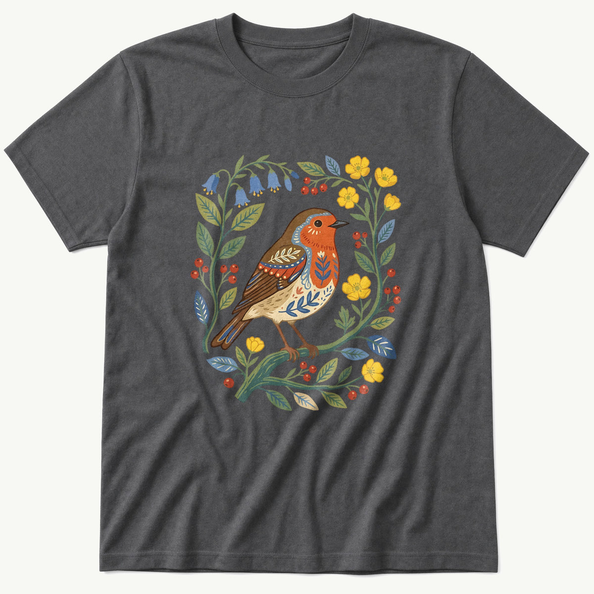 Folk Style Robin — Charcoal T-Shirt