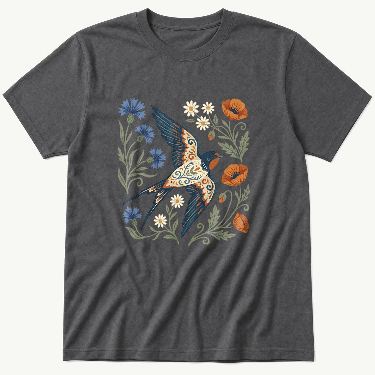Folk Style Swallow — Charcoal T-Shirt
