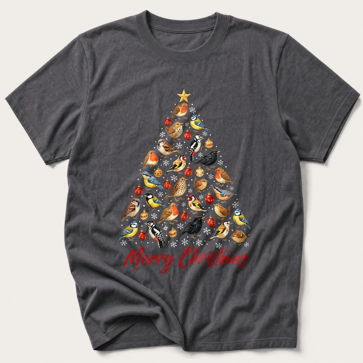 Garden Bird Christmas Tree — Charcoal T-Shirt