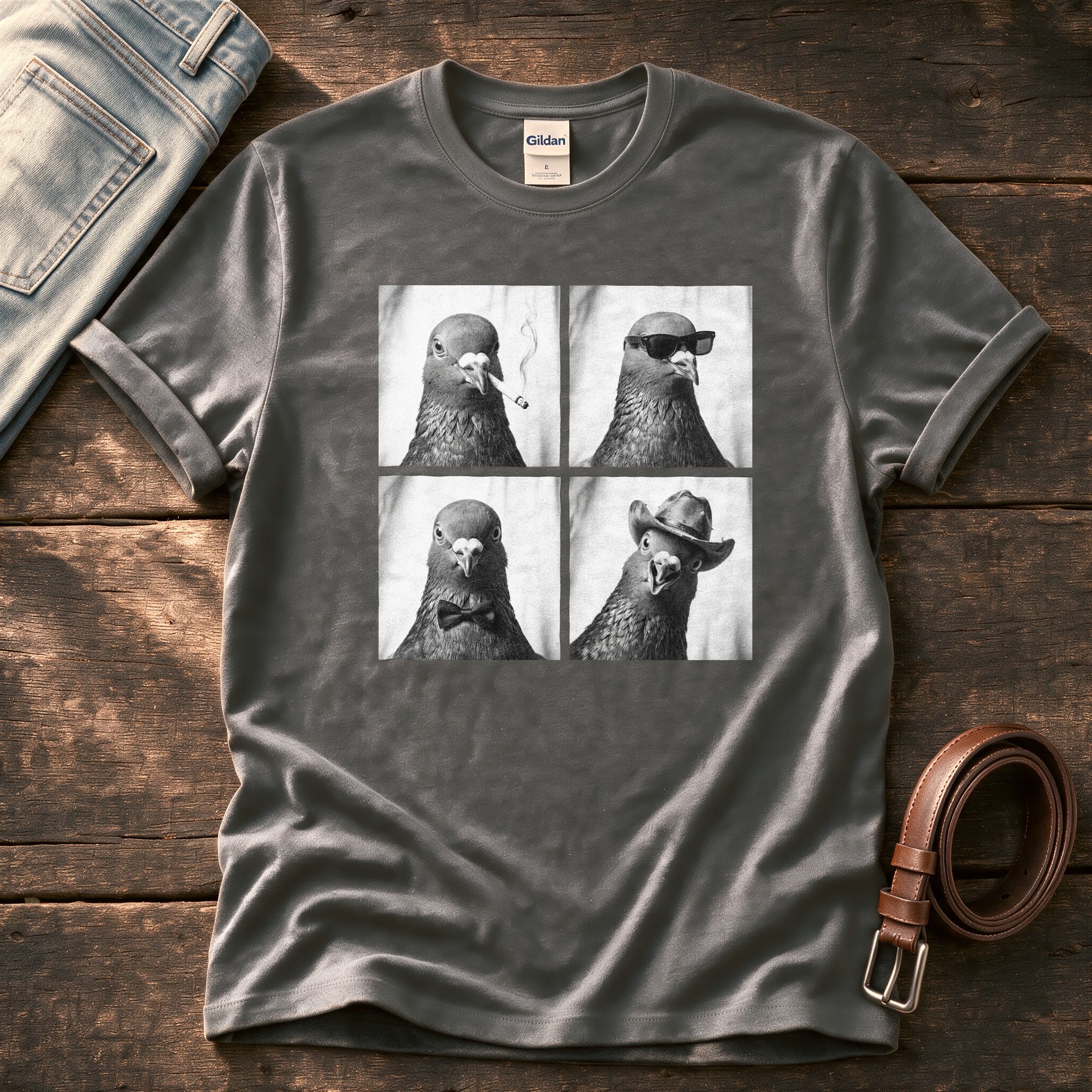 Photo Booth Pigeons — Charcoal Comfort Colors tee