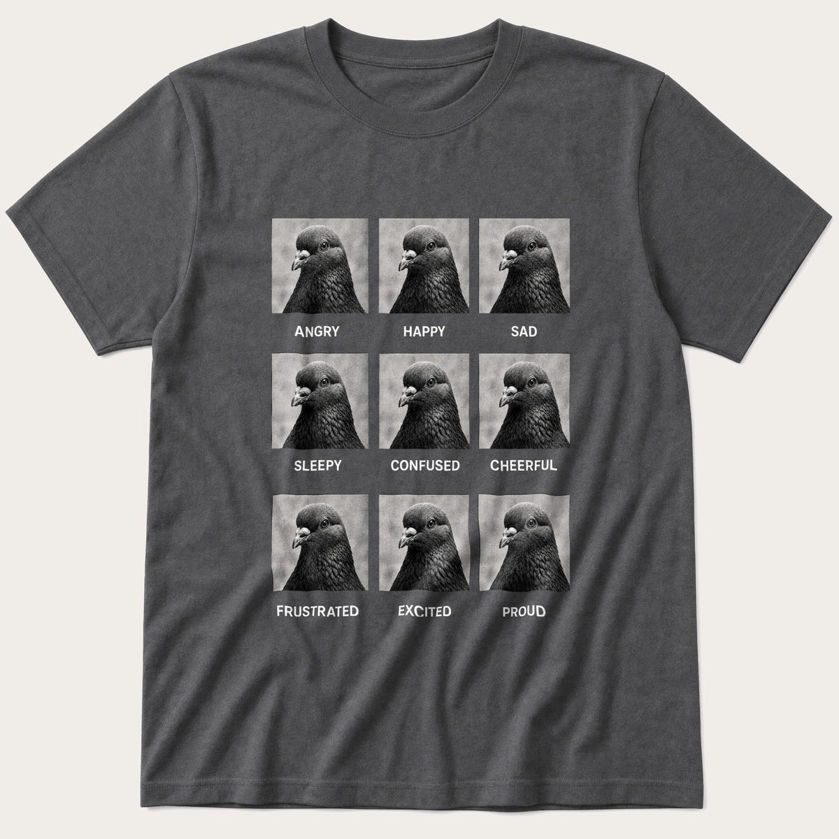 Pigeon Emotions — Charcoal T-Shirt
