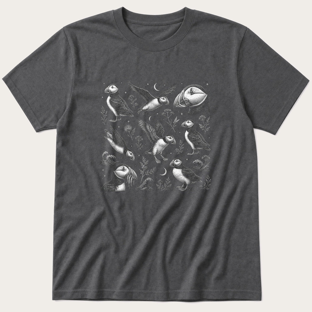 Puffin Allover Pattern - Fine Etching — Charcoal T-Shirt