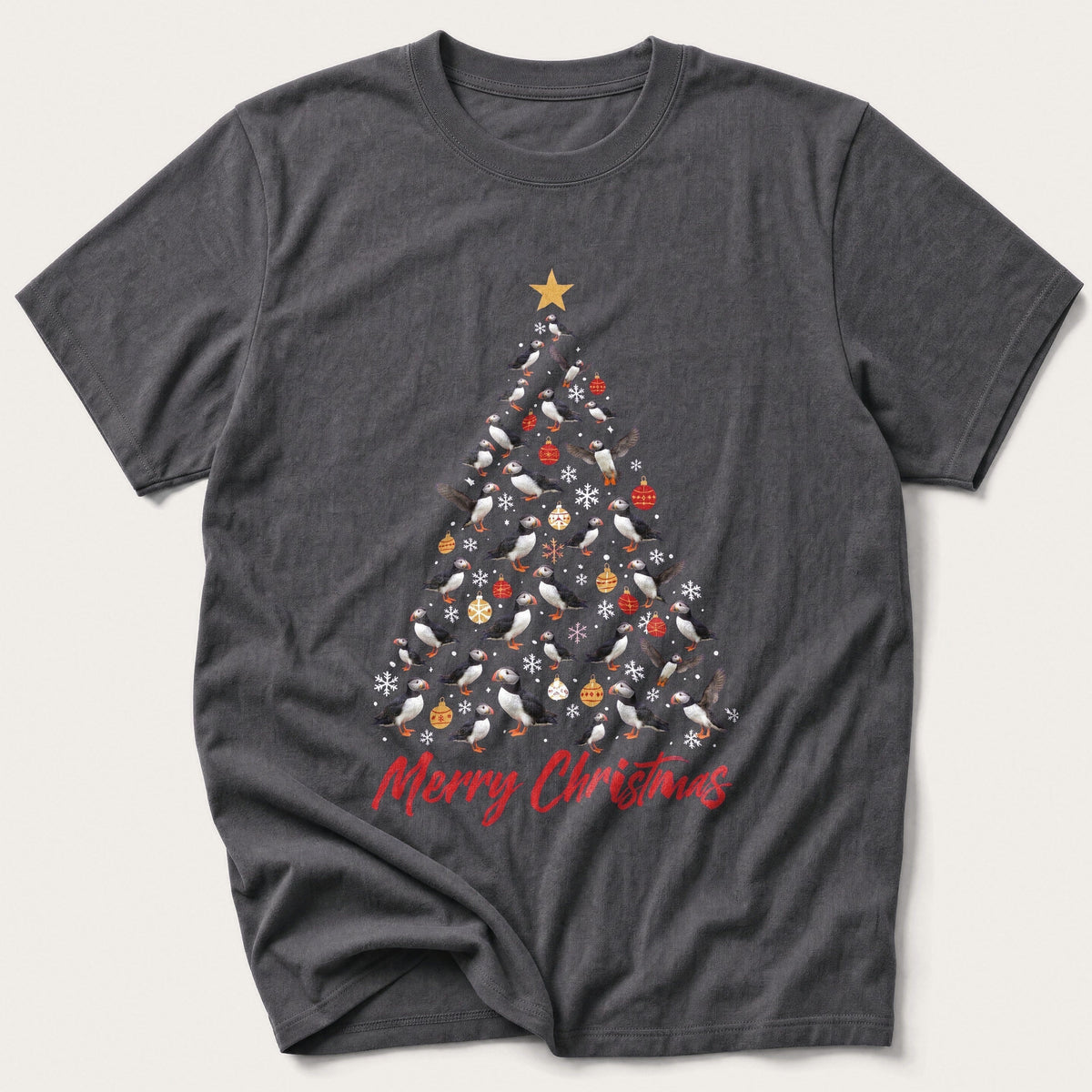 Puffin Christmas Tree — Charcoal T-Shirt
