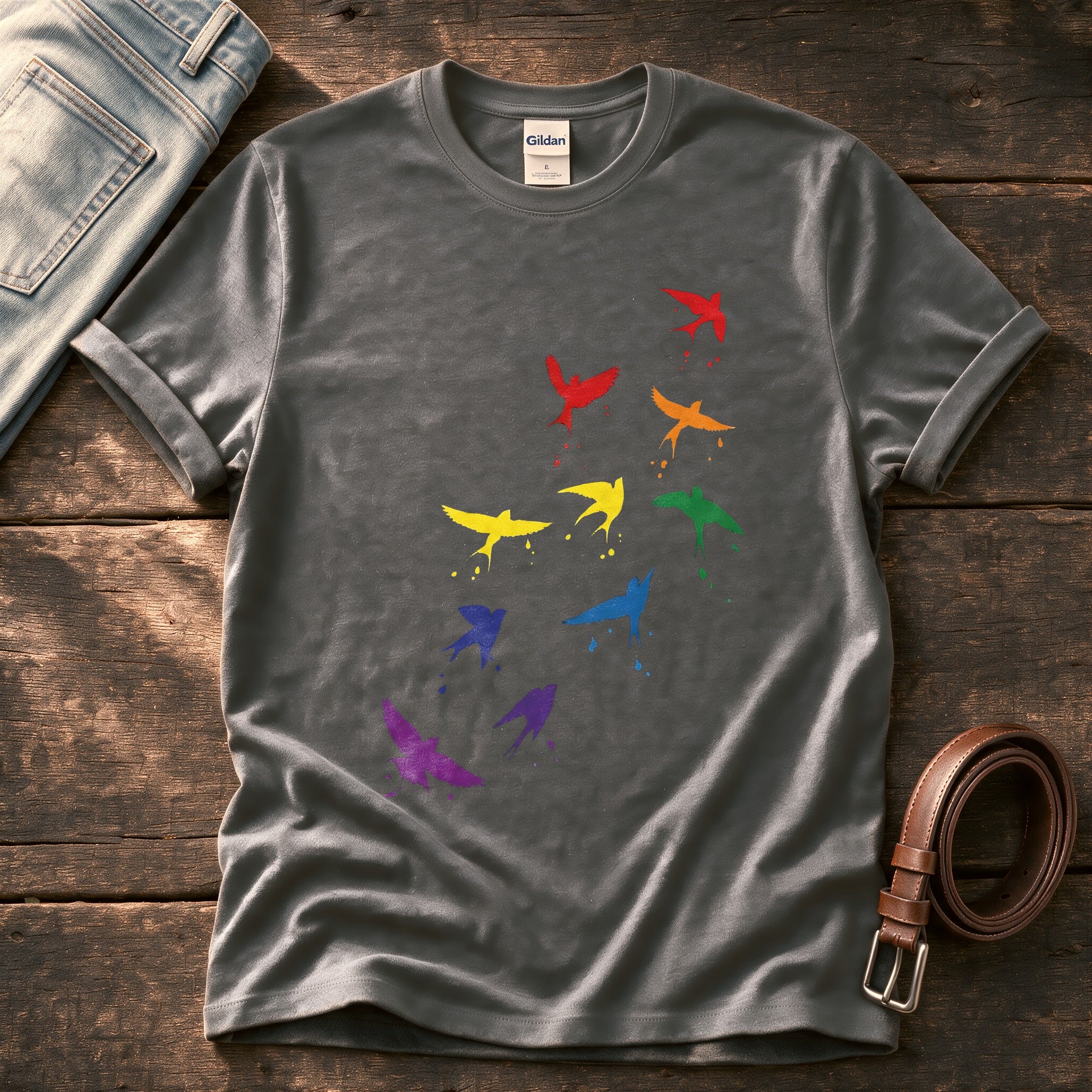 Rainbow birds — Charcoal Comfort Colors tee