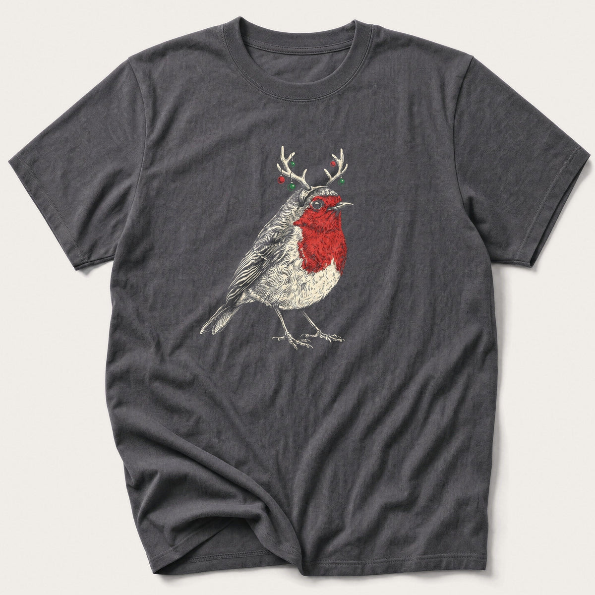Reindeer Antler Robin — Charcoal T-Shirt