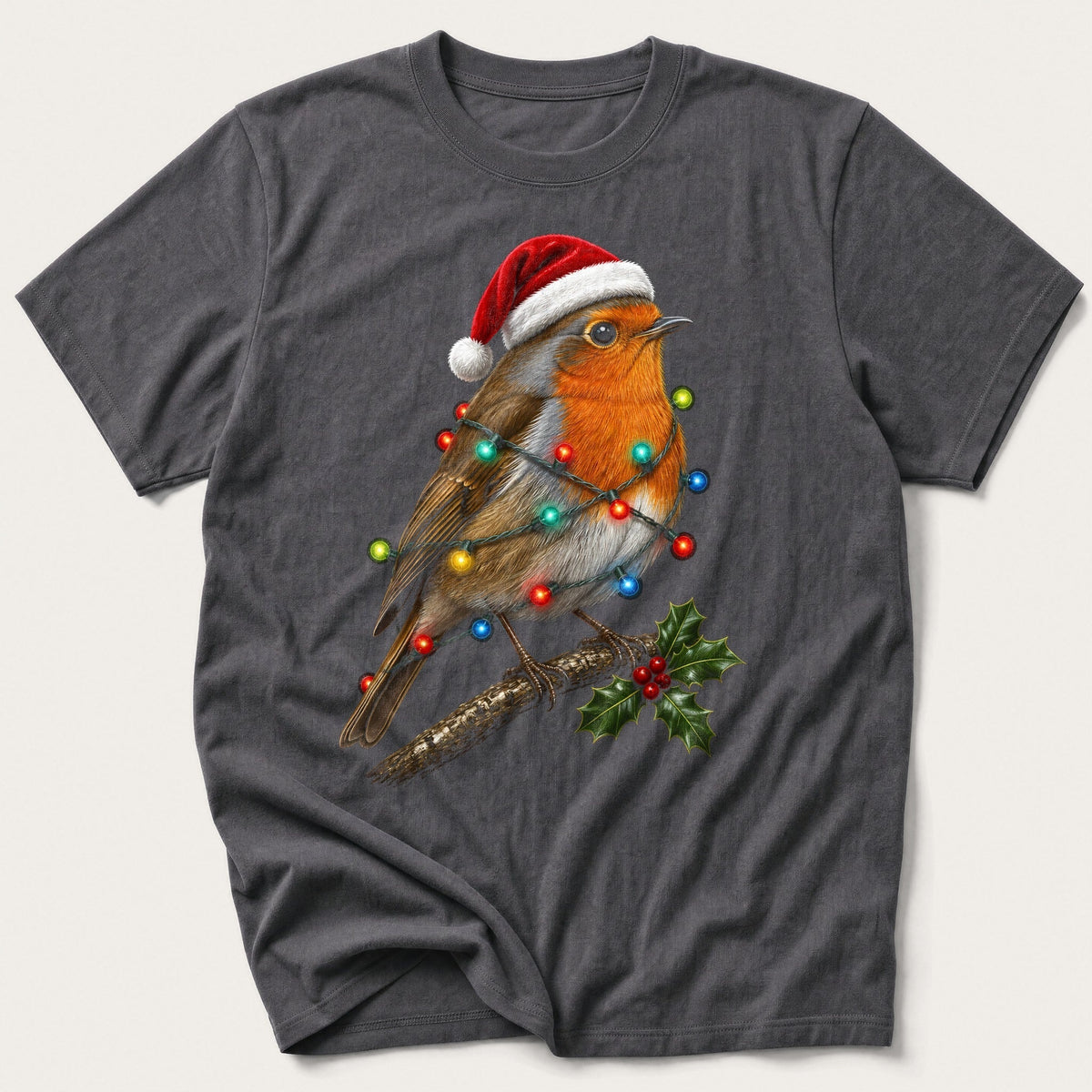 Robin In Fairy Lights — Charcoal T-Shirt