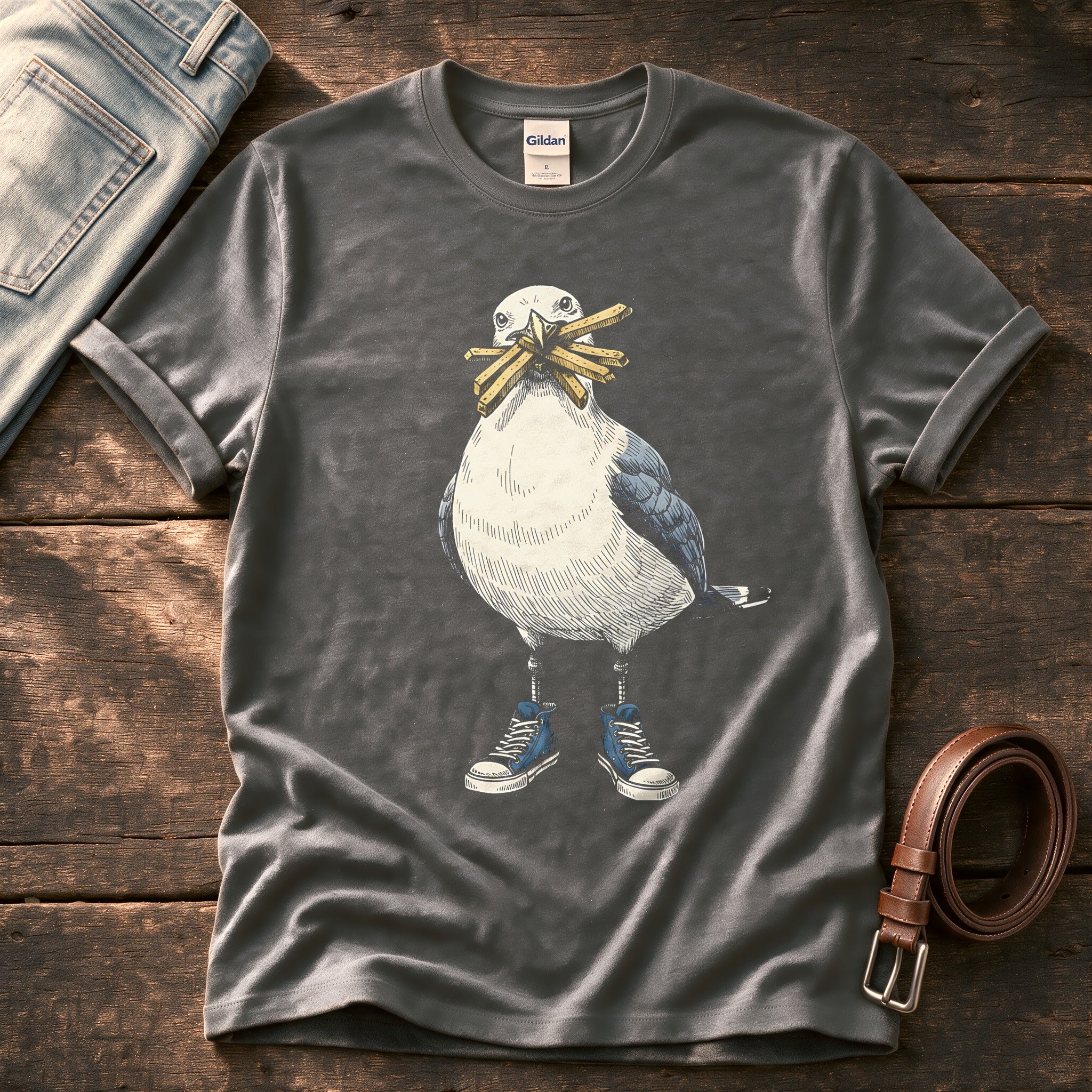 Seagull With Chips 2 — Charcoal Comfort Colors tee