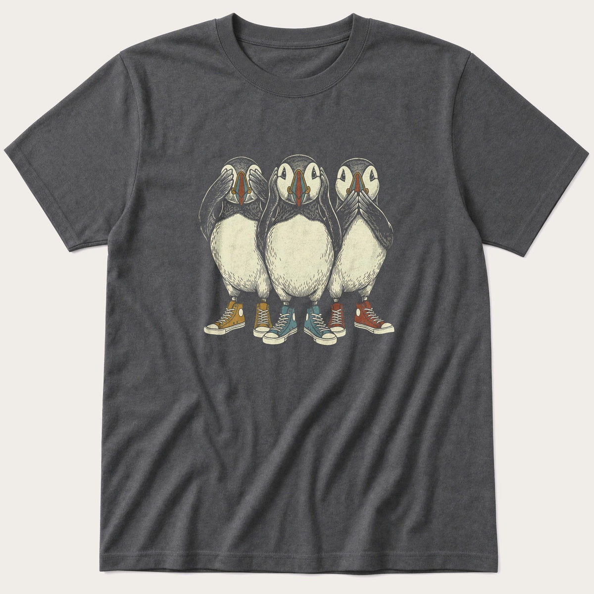 See Hear Speak Puffins 1 — Charcoal T-Shirt