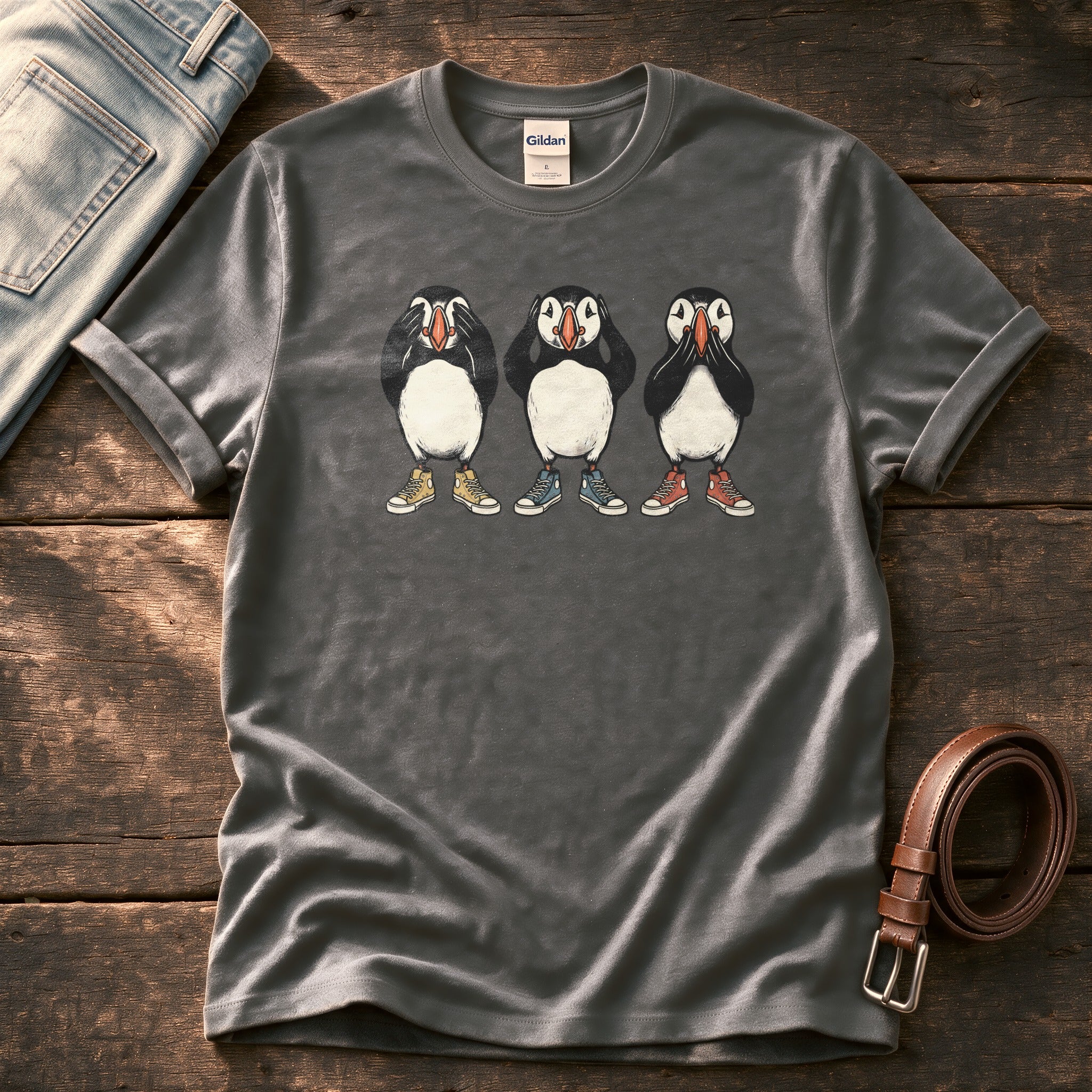 See Hear Speak Puffins 5 — Charcoal Comfort Colors tee
