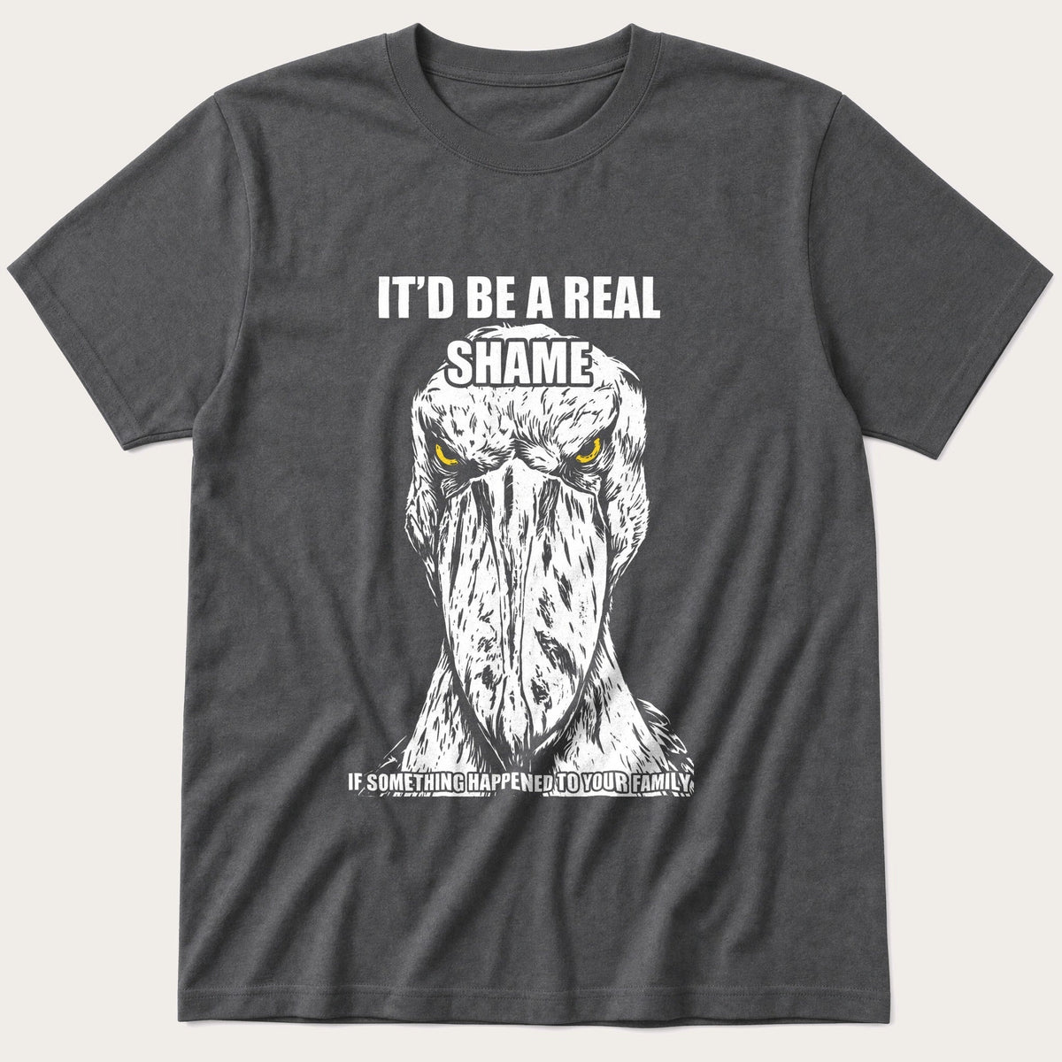 Shoebill Threat Linocut — Charcoal T-Shirt