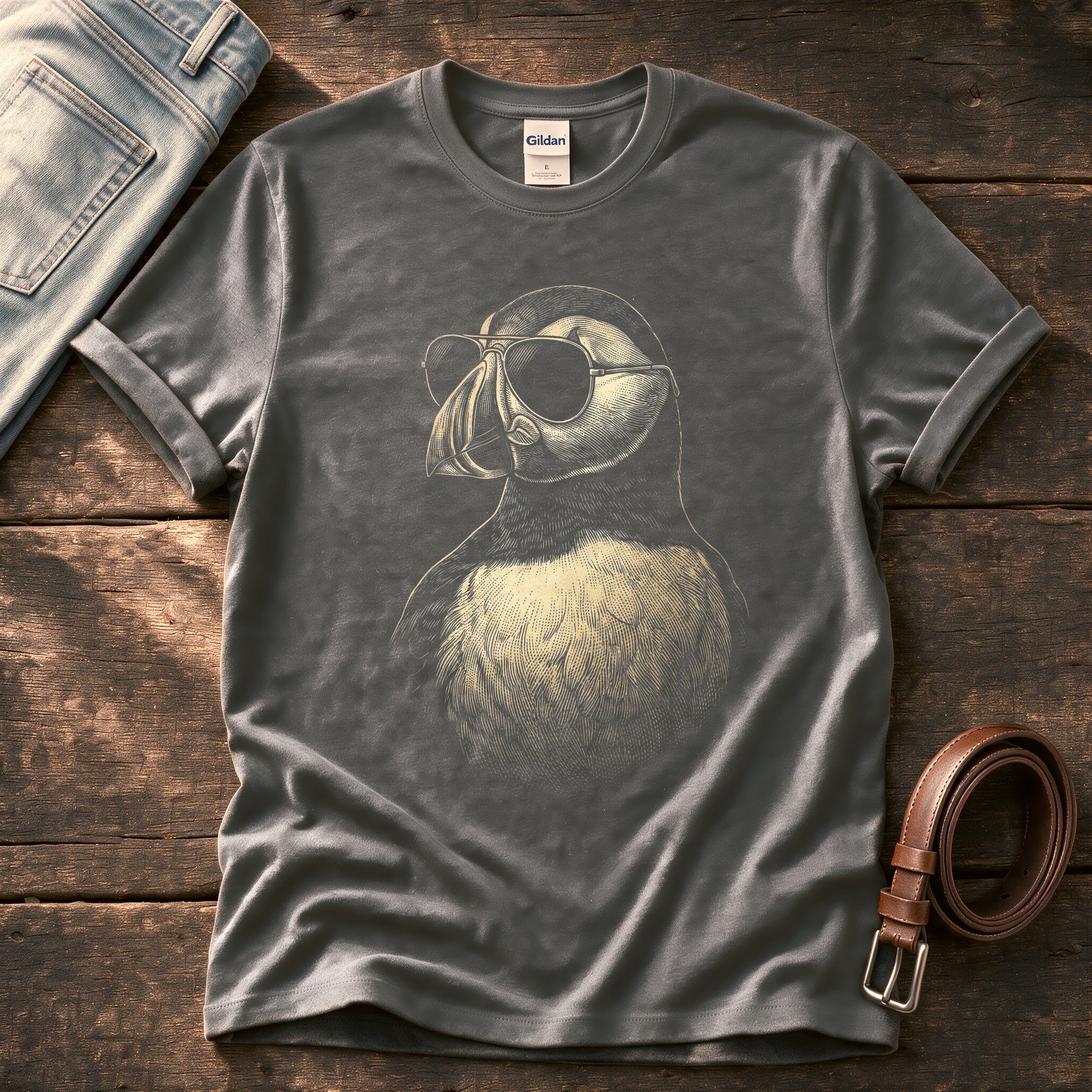 Sunglass Puffin 5 — Charcoal Comfort Colors tee
