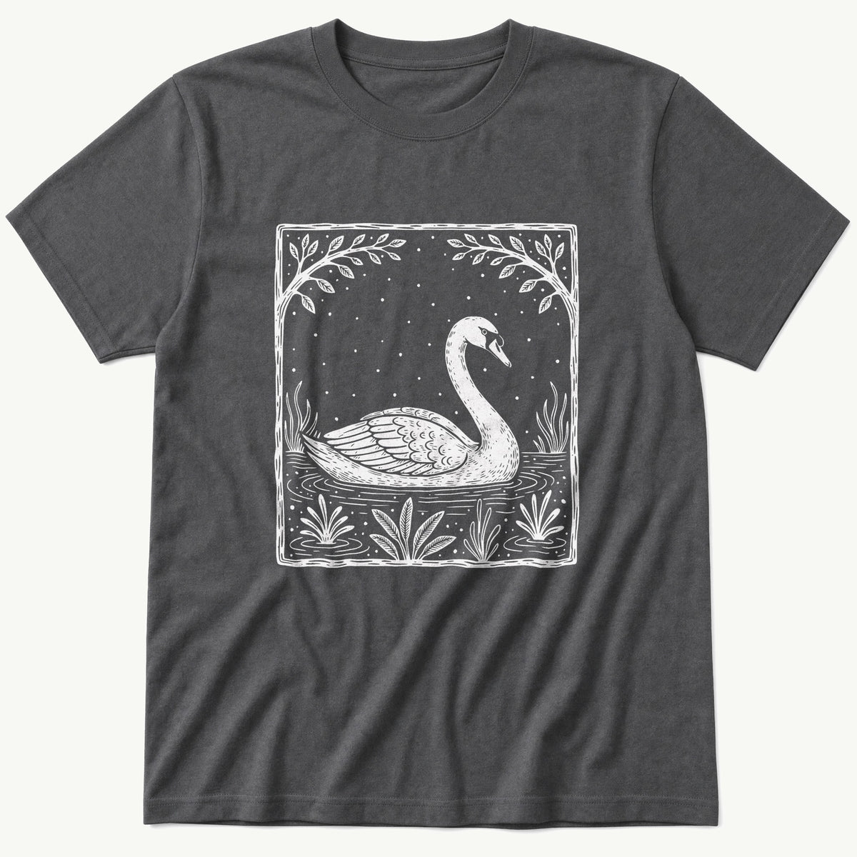 Swan WoodCut Print — Charcoal T-Shirt
