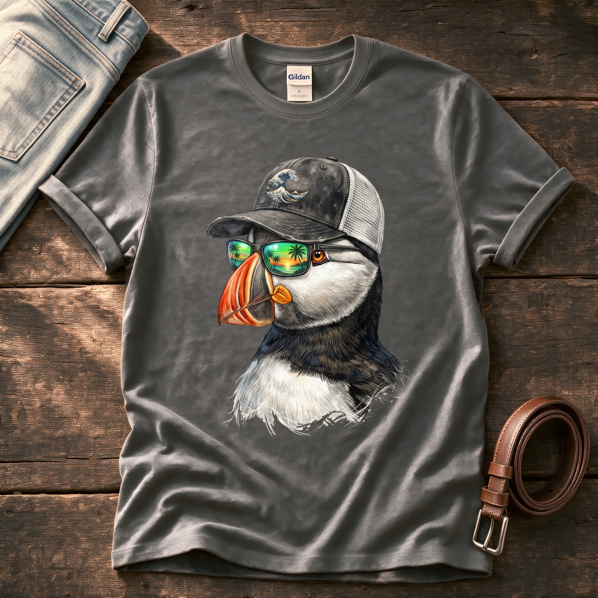 Trucker Puffin 1 — Charcoal Comfort Colors tee