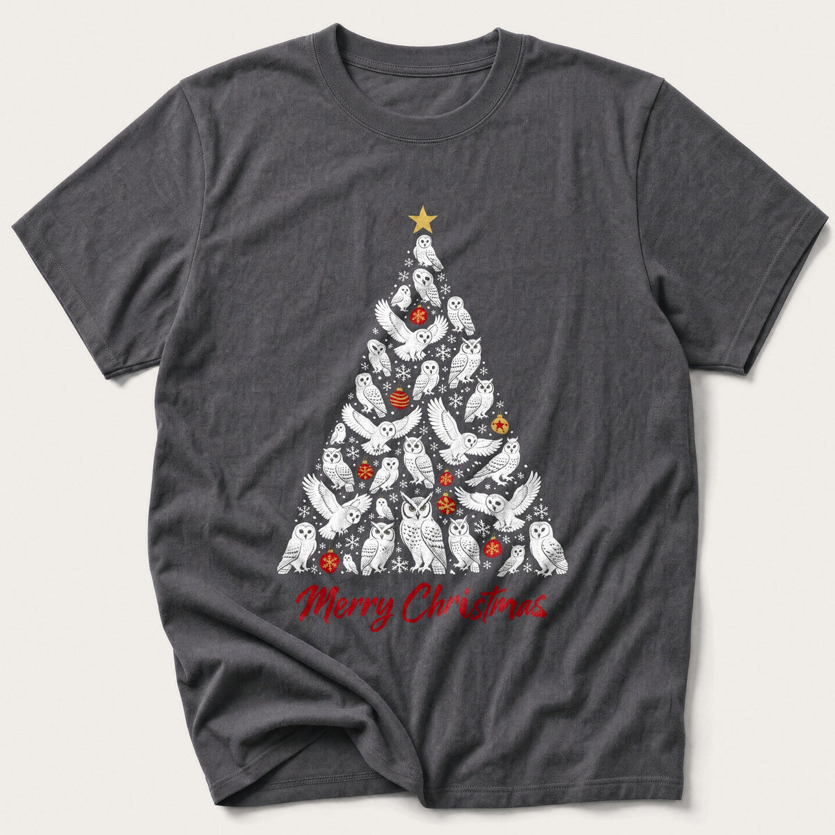 White Owl Christmas Tree — Charcoal T-Shirt