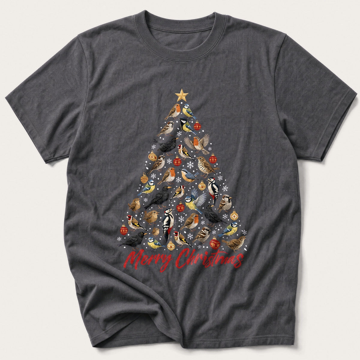 Winter Bird Christmas Tree — Charcoal T-Shirt