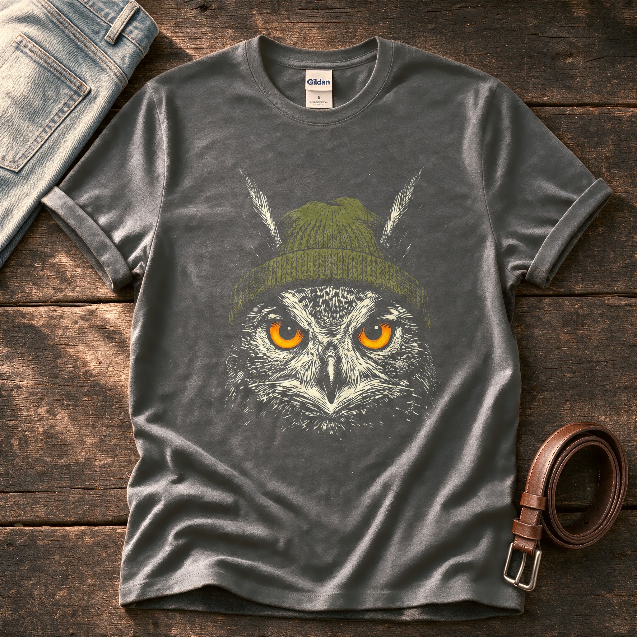 Woodland Owl Beanie 7 — Charcoal Comfort Colors tee