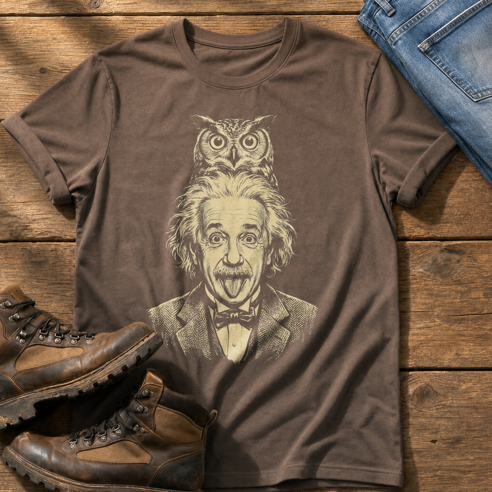 Albert Einstein Owl 5 — Espresso Comfort Colors tee