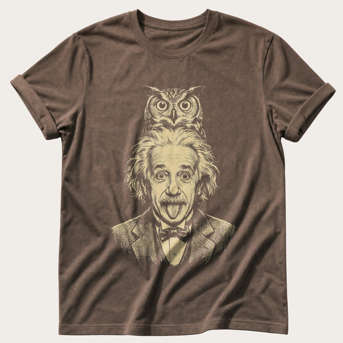 Albert Einstein Owl 5 — Espresso Comfort Colors tee