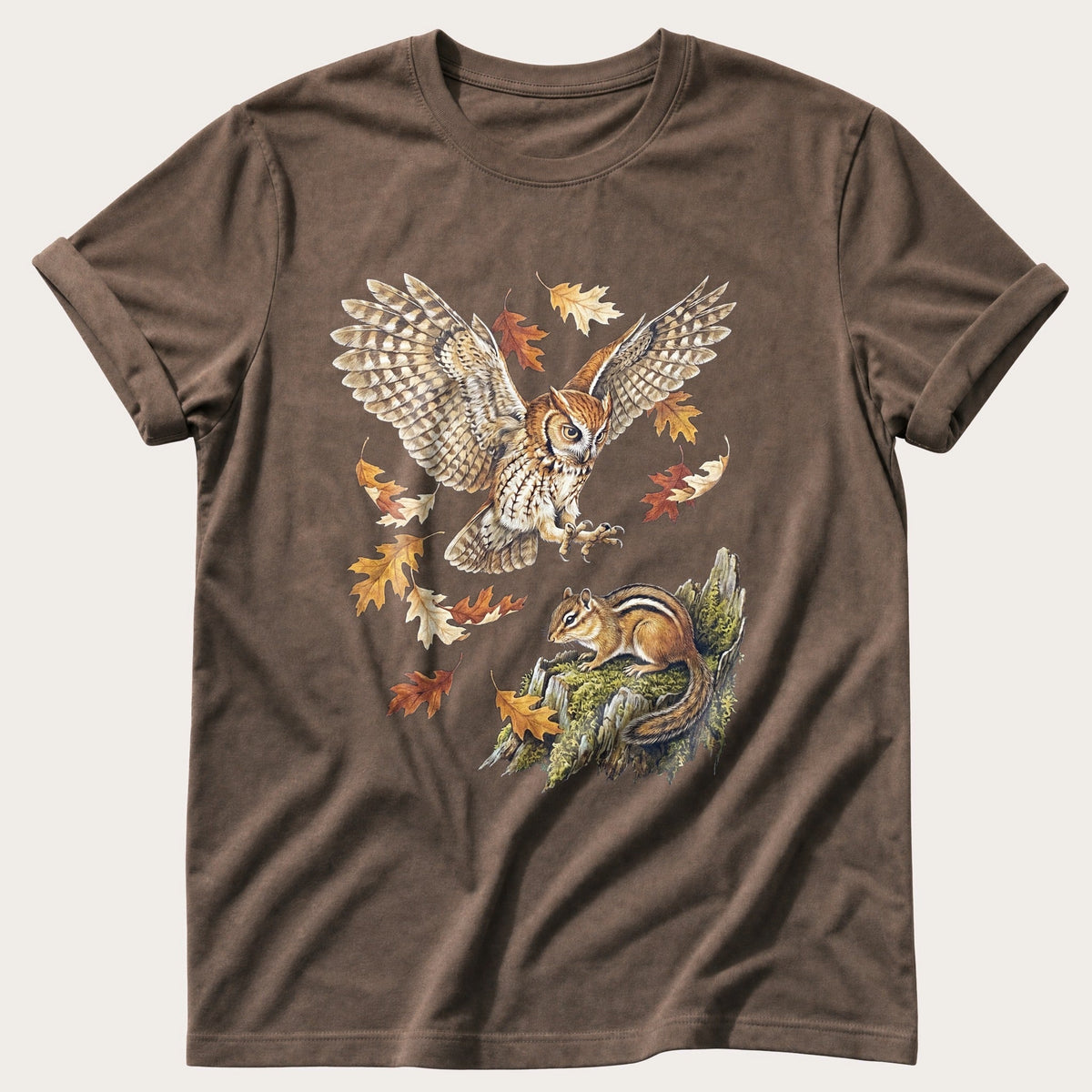 Autumn Screech Owl — Espresso Comfort Colors tee