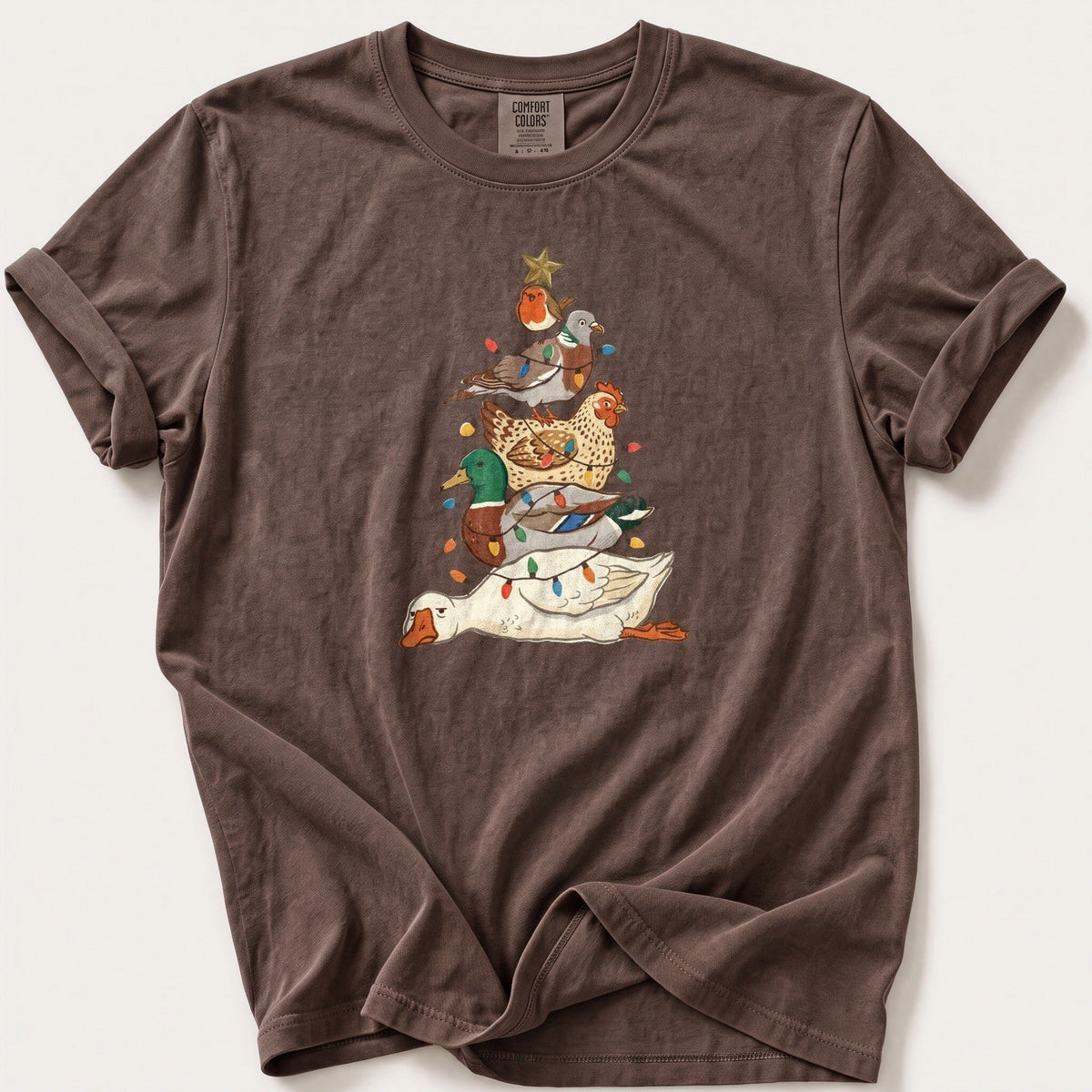 Bird Stack Christmas Tree — Espresso Comfort Colors tee