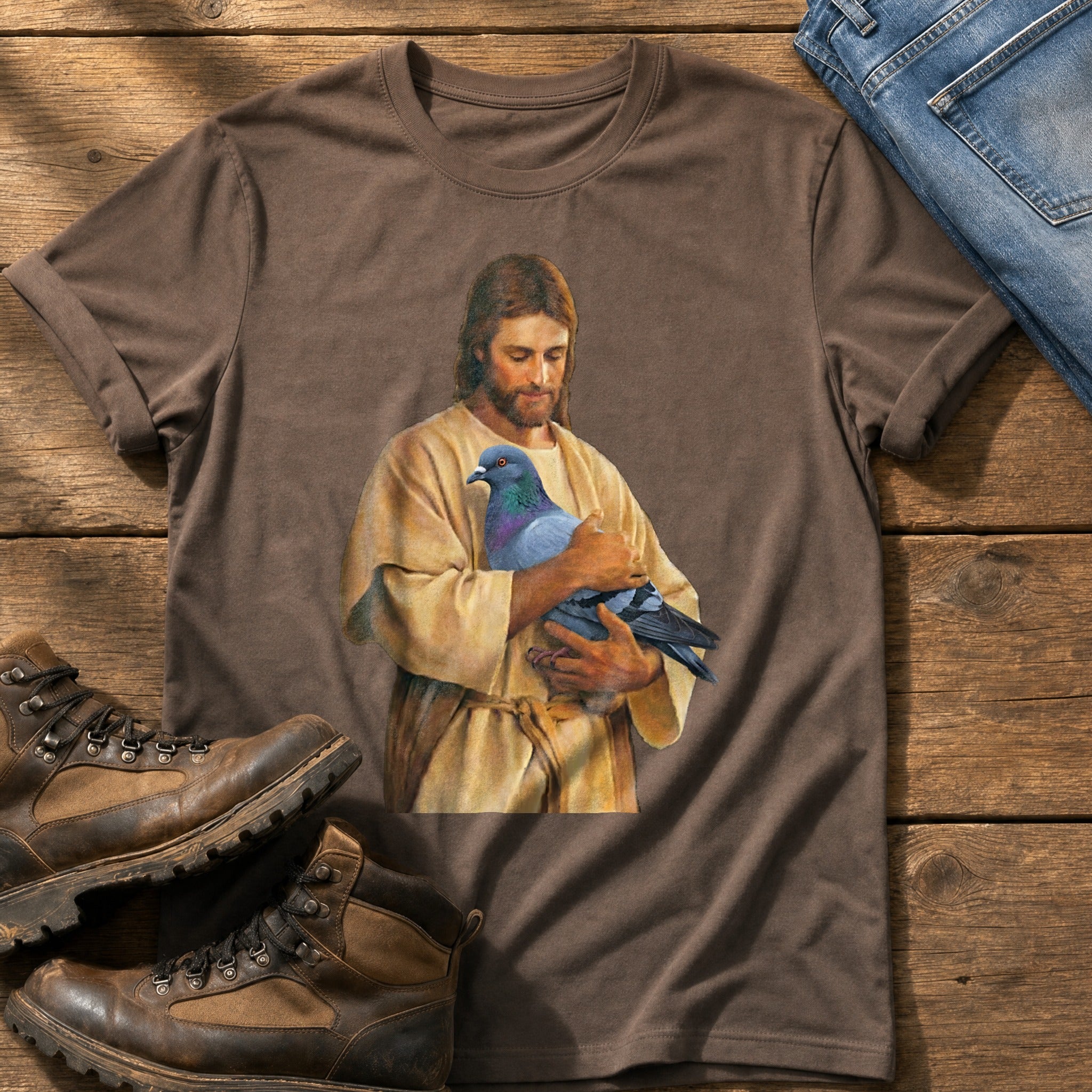 Christ With Pigeon 4 — Espresso Comfort Colors tee