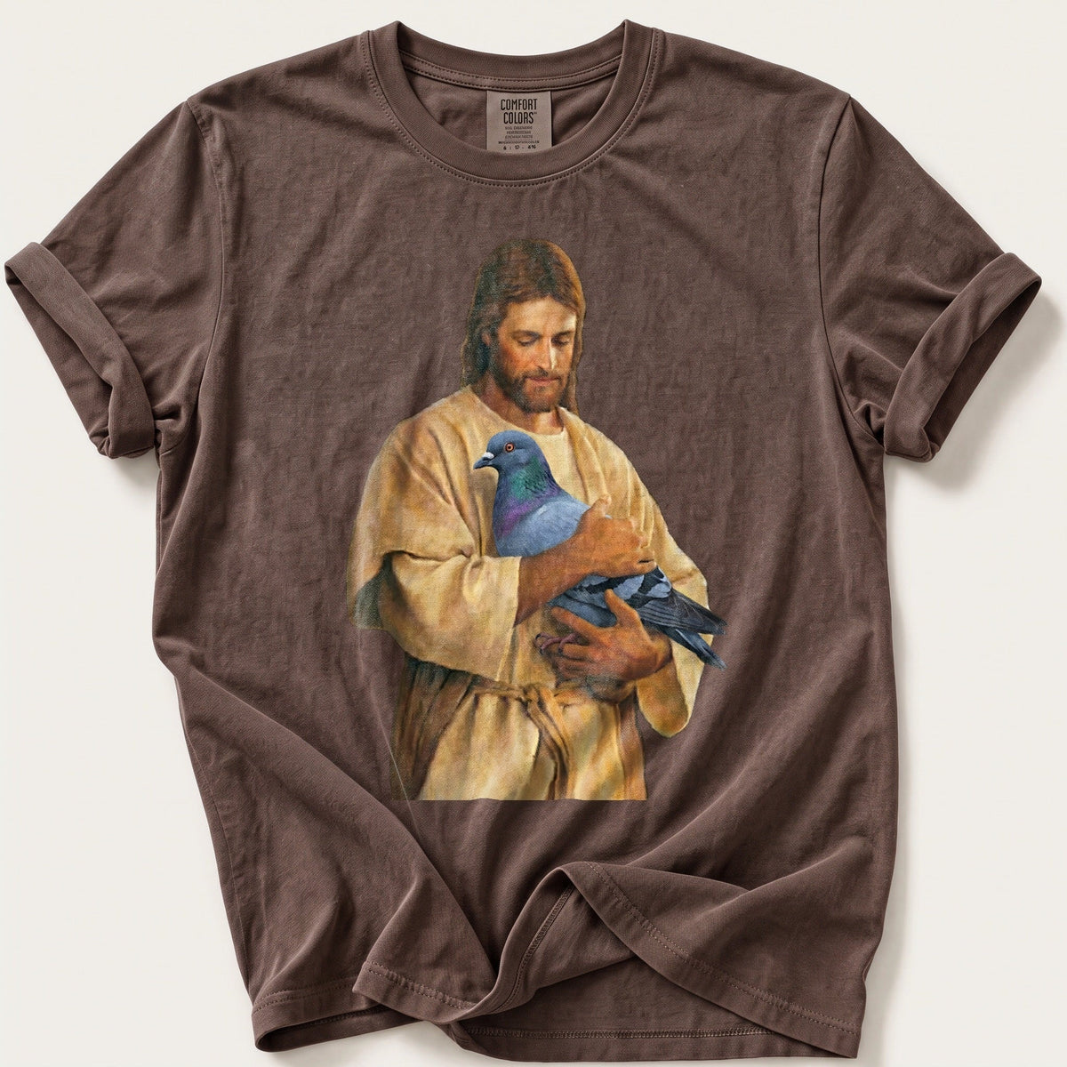 Christ With Pigeon 4 — Espresso Comfort Colors tee