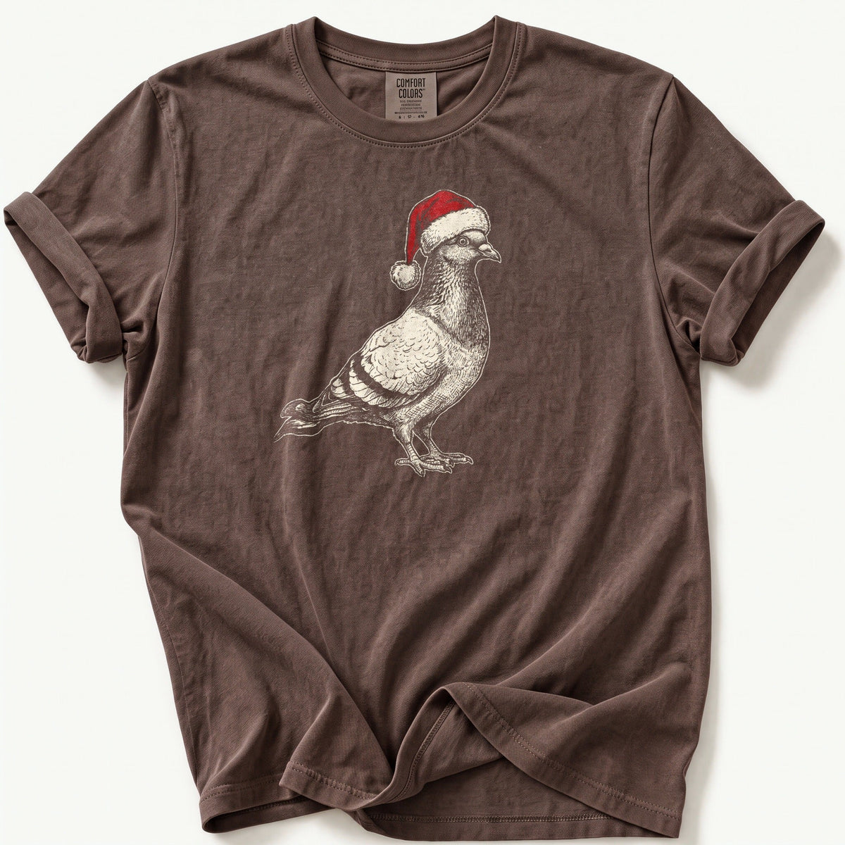 Etched Santa Pigeon Standing — Espresso Comfort Colors tee