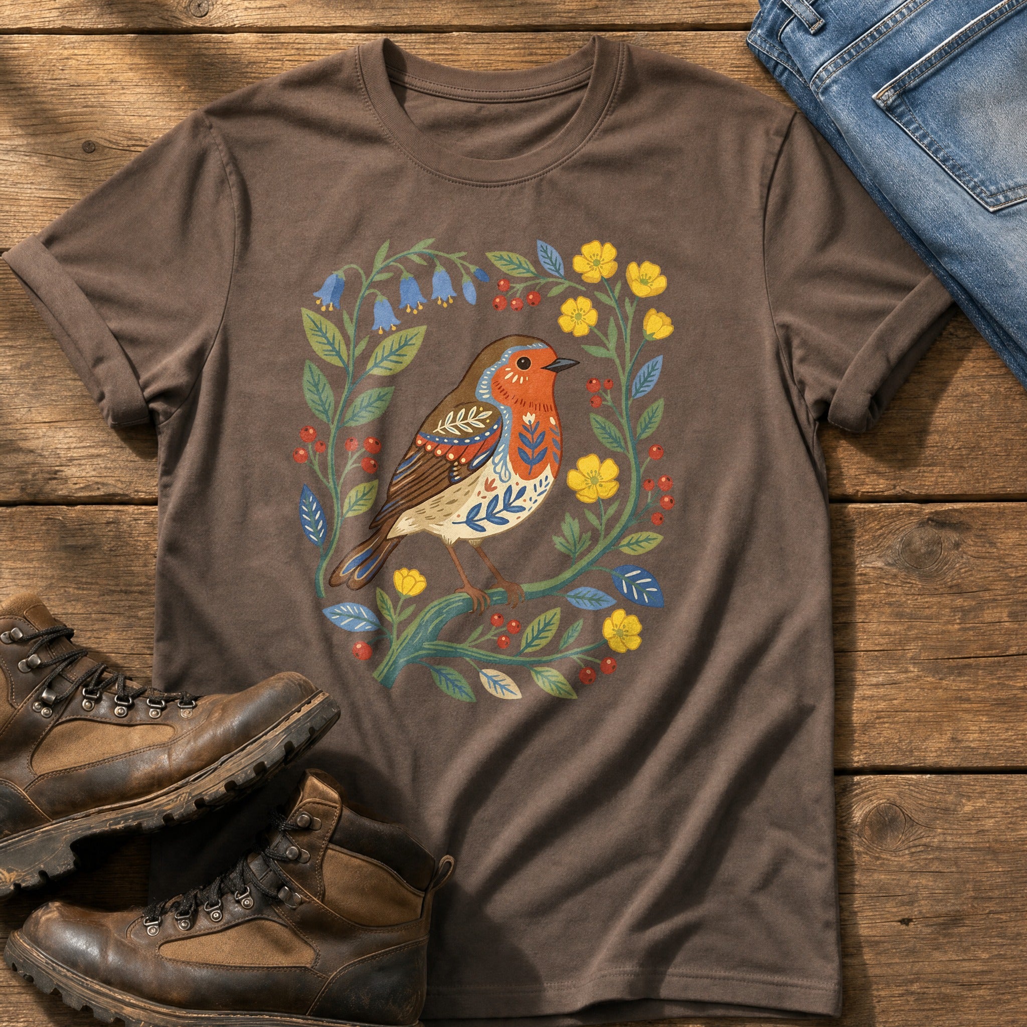 Folk Style Robin — Espresso Comfort Colors tee