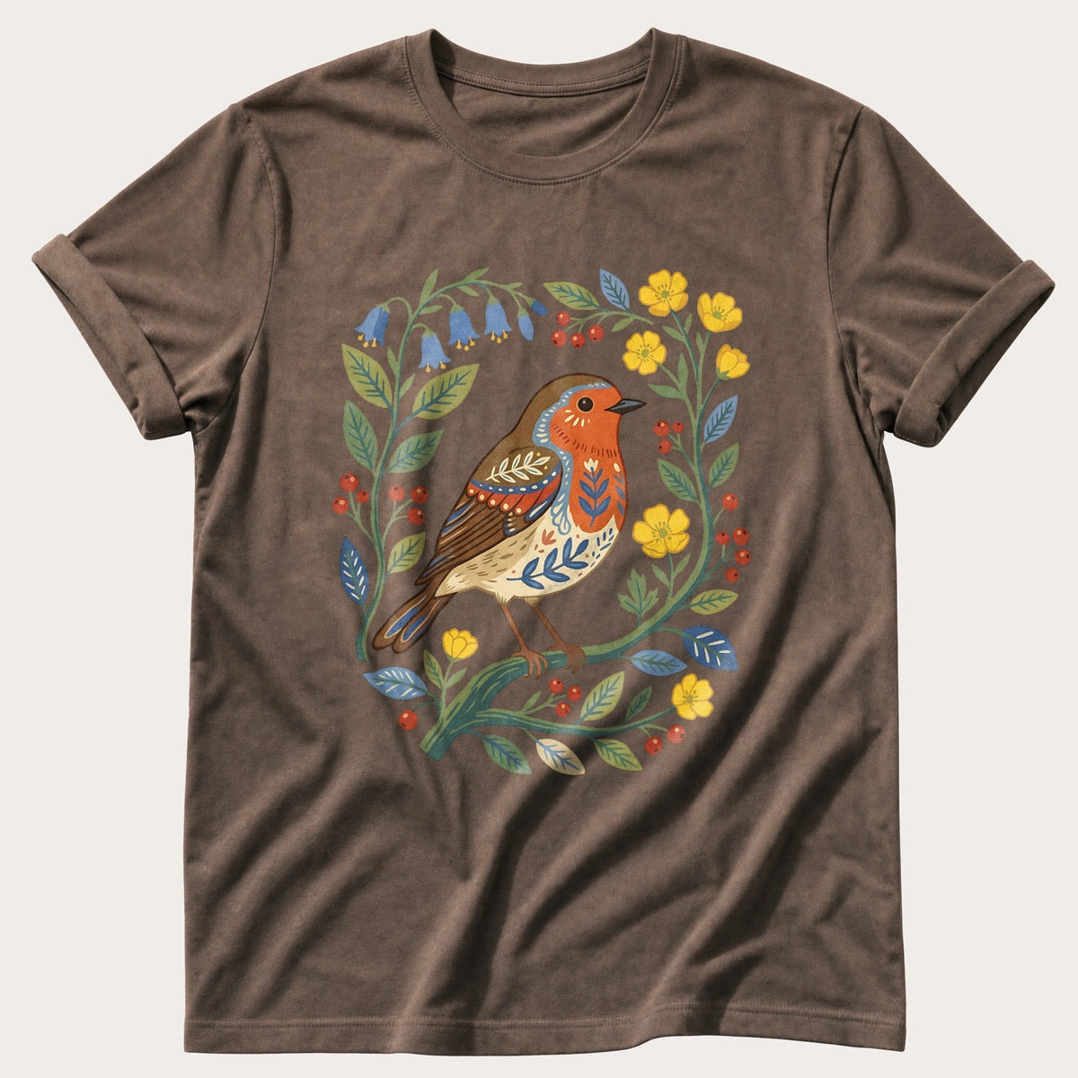 Folk Style Robin — Espresso Comfort Colors tee