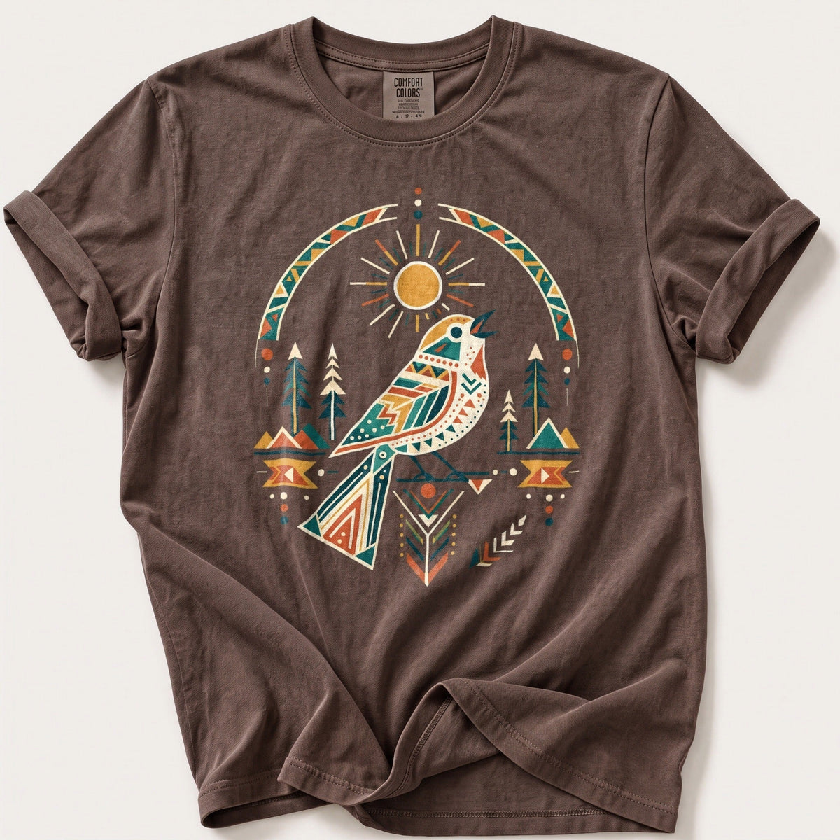 Geometric Sun Songbird — Espresso Comfort Colors tee