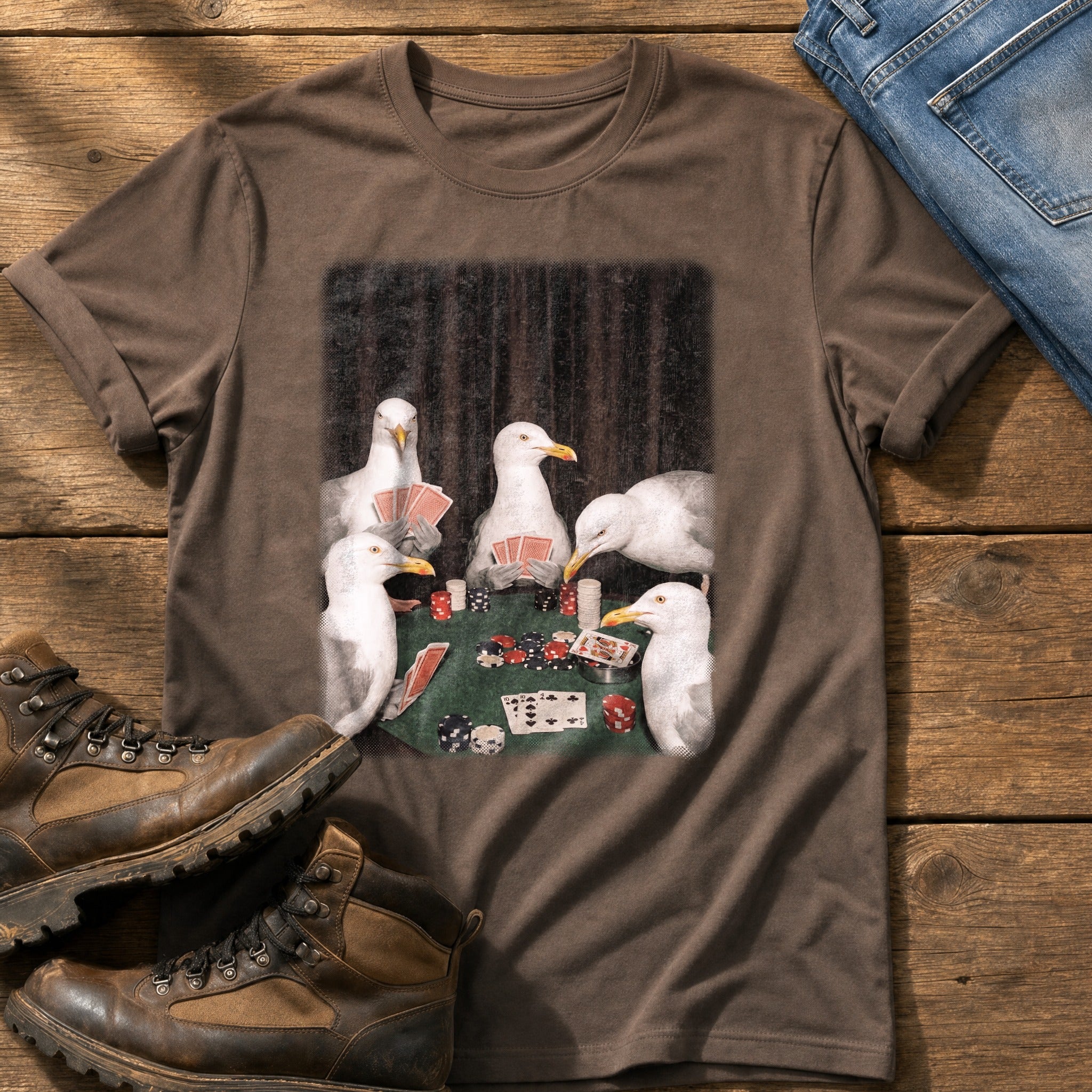 Gulls Playing Poker — Espresso Comfort Colors tee