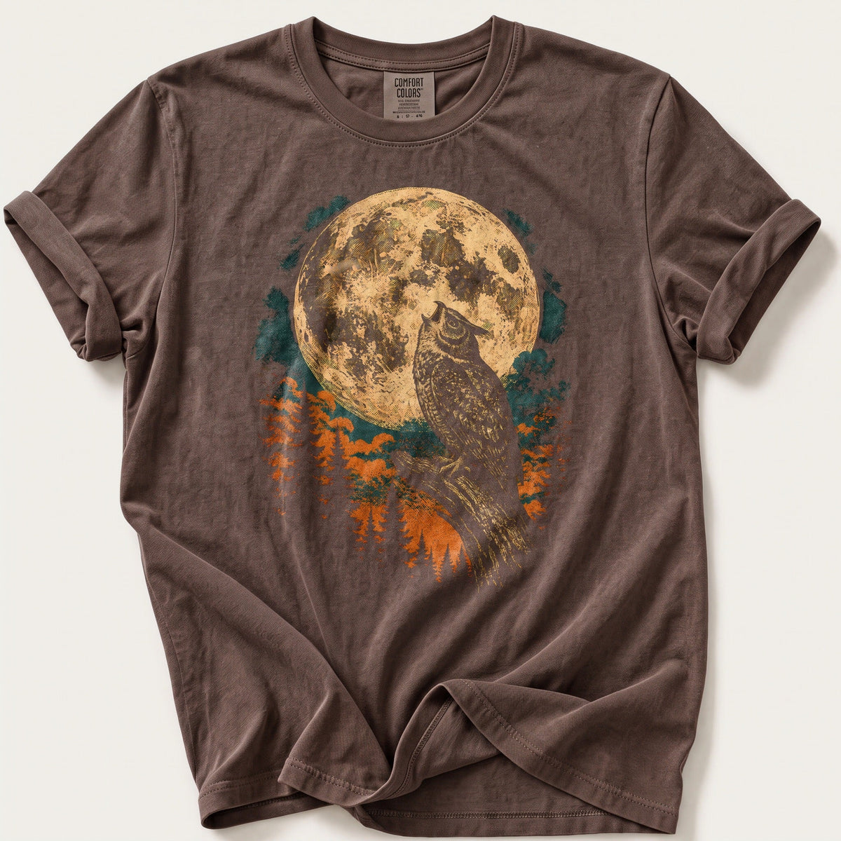 Harvest Moon Owl — Espresso Comfort Colors tee